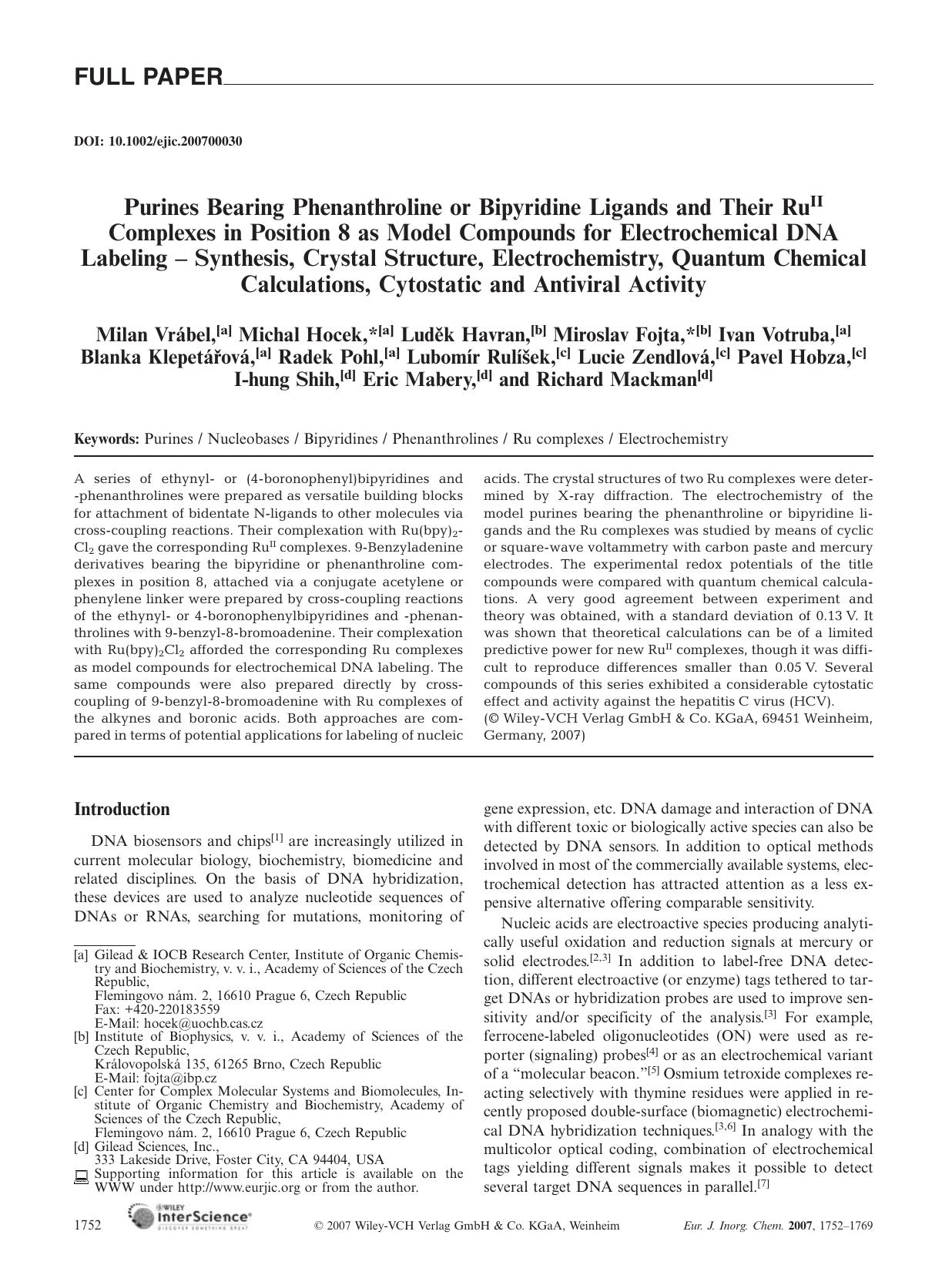 Purines Bearing Phenanthroline or Bipyridine Ligands and Their RuII Complexes in Position 8 as Model Compounds for Electrochemical DNA Labeling - Synthesis, Crystal Structure, Elec by Unknown
