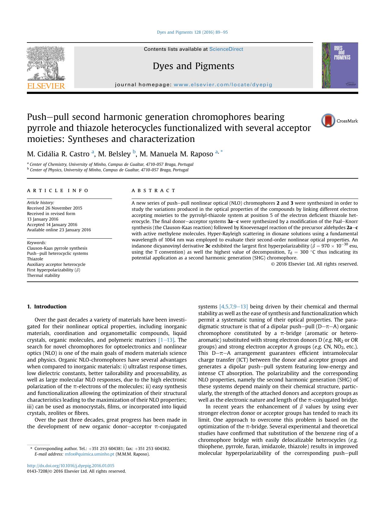 Push-pull second harmonic generation chromophores bearing pyrrole and thiazole heterocycles functionalized with several acceptor moieties: Syntheses and characterization by M. Cidália R. Castro & M. Belsley & M. Manuela M. Raposo
