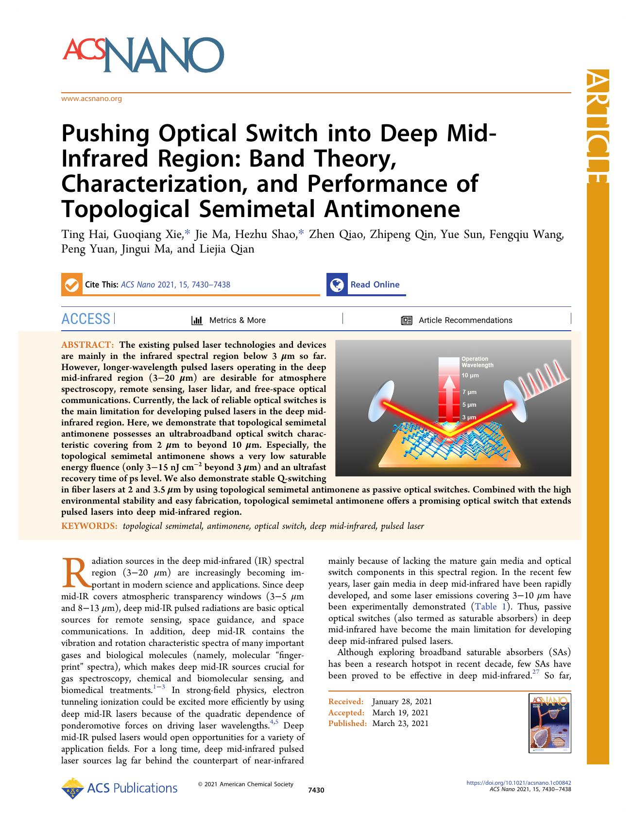 Pushing Optical Switch into Deep Mid-Infrared Region: Band Theory, Characterization, and Performance of Topological Semimetal Antimonene by unknow
