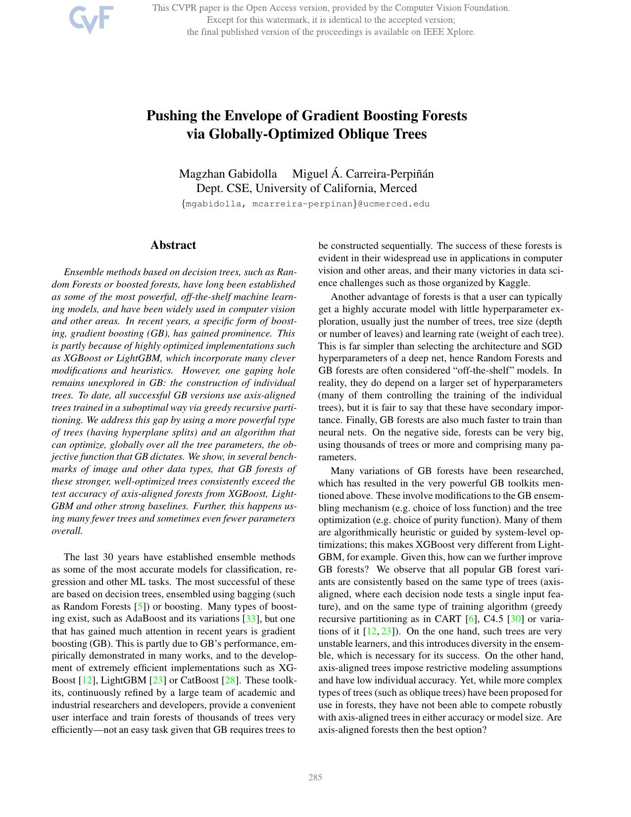 Pushing the Envelope of Gradient Boosting Forests via Globally-Optimized Oblique Trees by Magzhan Gabidolla & Miguel A. Carreira-Perpinan