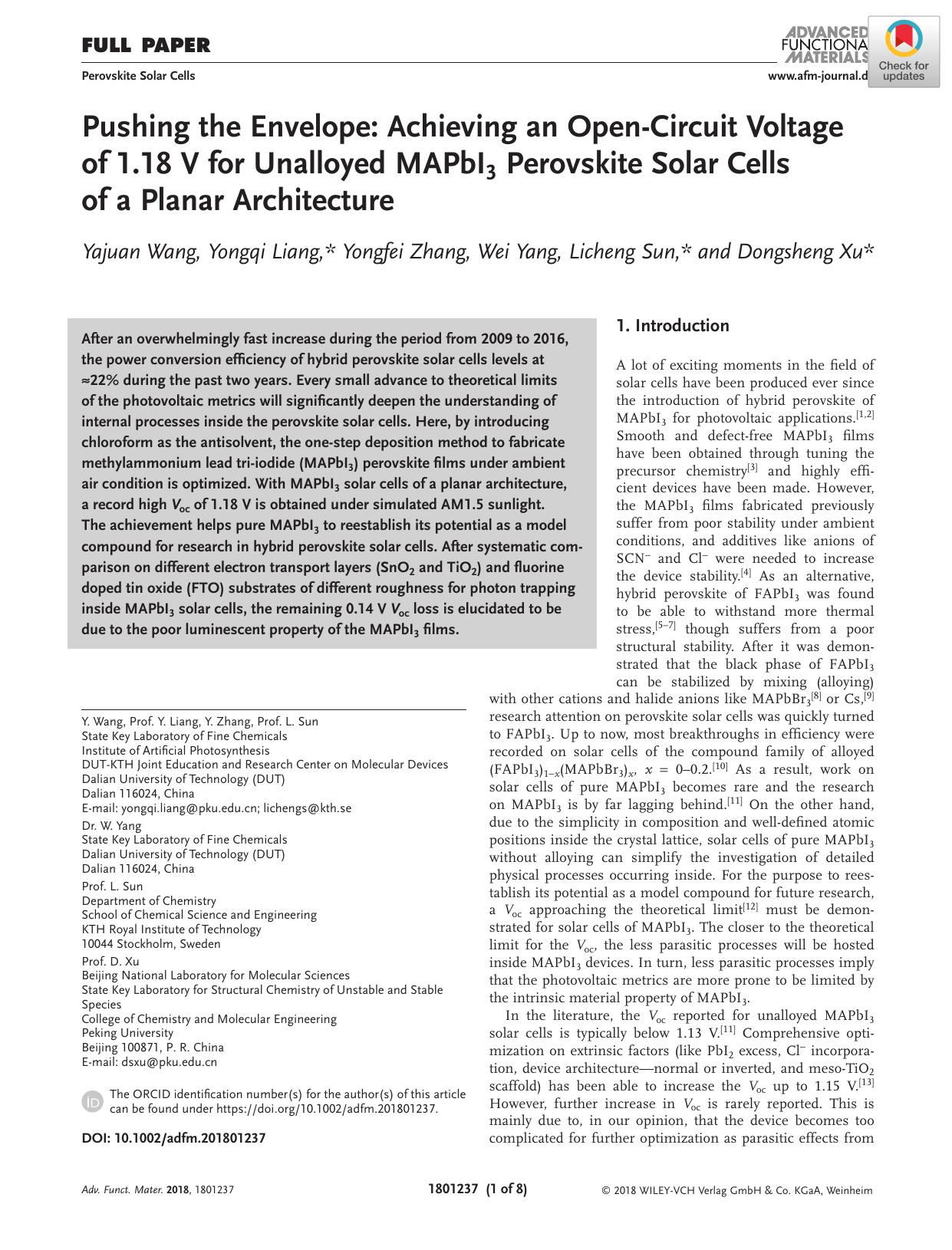 Pushing the Envelope: Achieving an OpenâCircuit Voltage of 1.18 V for Unalloyed MAPbI3 Perovskite Solar Cells of a Planar Architecture by Unknown
