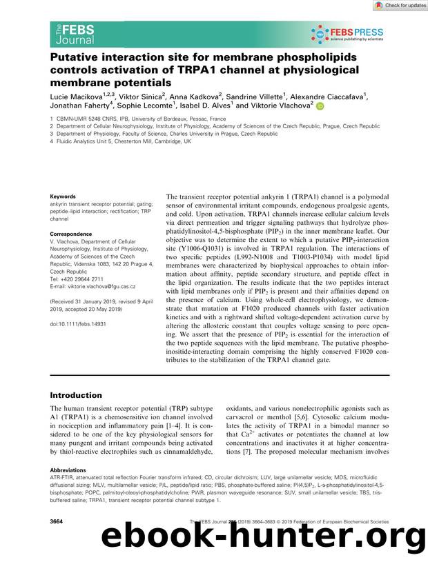 Putative interaction site for membrane phospholipids controls activation of TRPA1 channel at physiological membrane potentials by Unknown