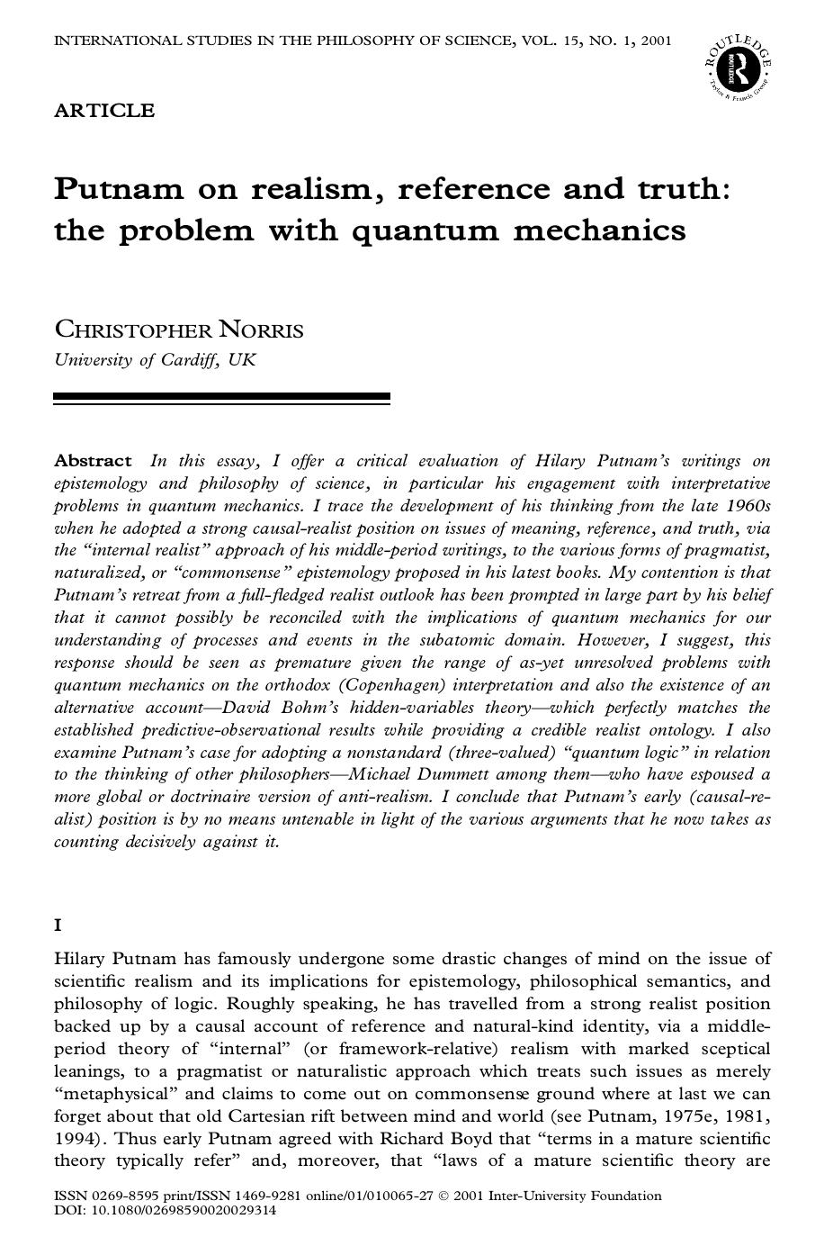 Putnam on realism, reference and truth: the problem with quantum mechanics by Unknown