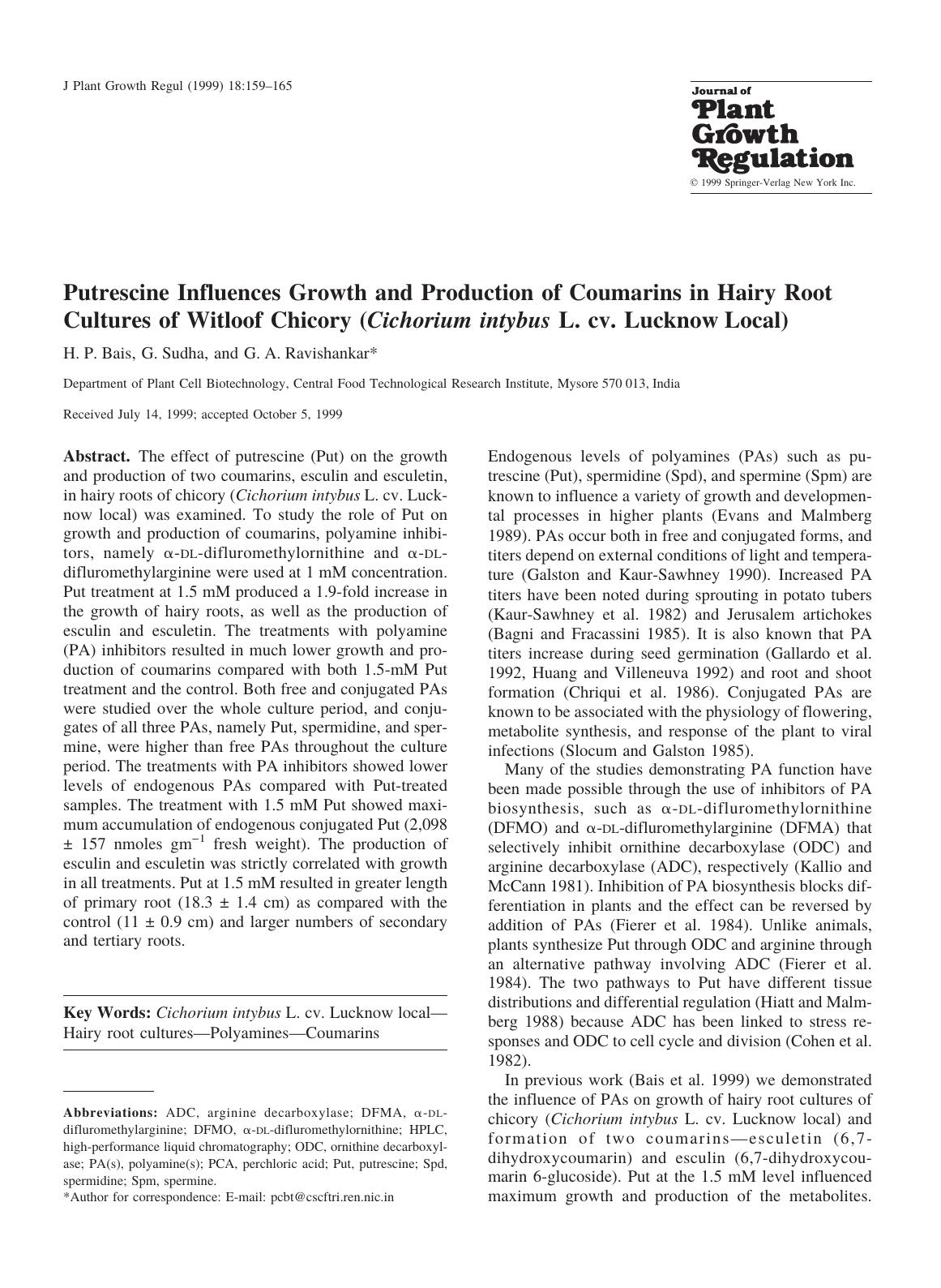 Putrescine Influences Growth and Production of Coumarins in Hairy Root Cultures of Witloof Chicory (Cichorium intybus L. cv. Lucknow Local) by Bais H. et al