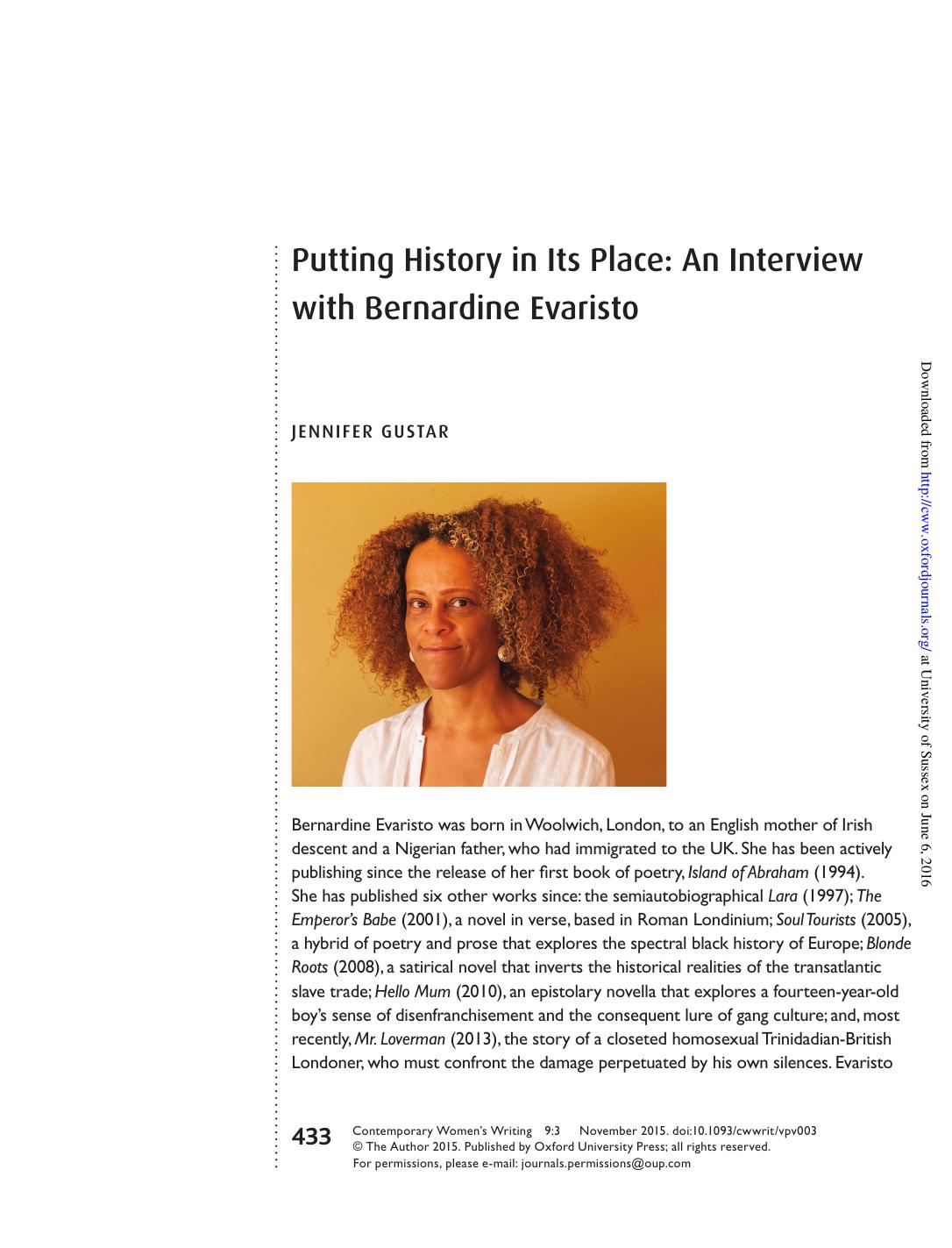 Putting History in Its Place: An Interview with Bernardine Evaristo by Jennifer Gustar