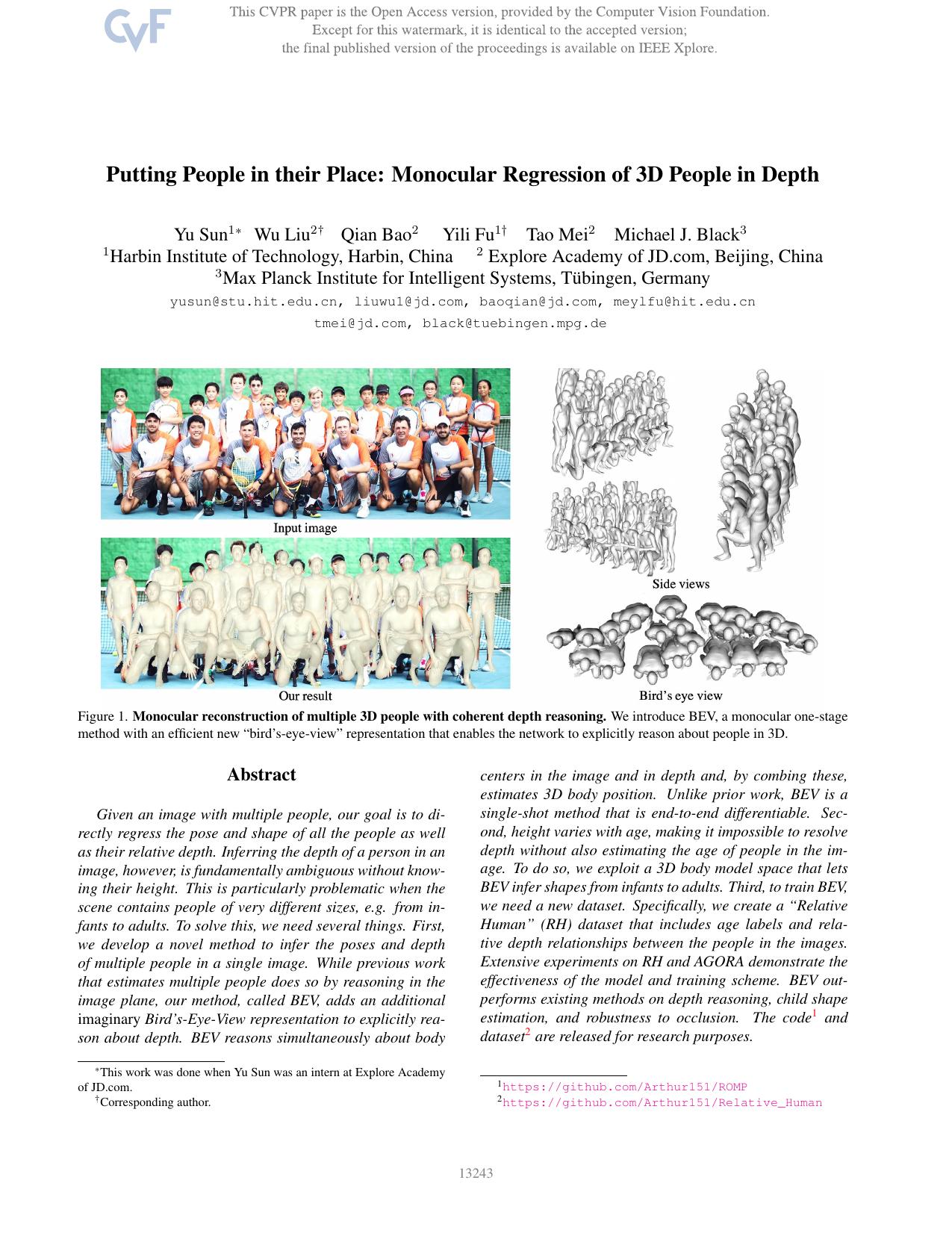 Putting People in Their Place: Monocular Regression of 3D People in Depth by Yu Sun & Wu Liu & Qian Bao & Yili Fu & Tao Mei & Michael J. Black