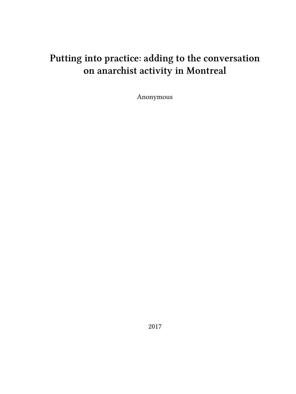Putting into practice: adding to the conversation on anarchist activity in Montreal by Anonymous