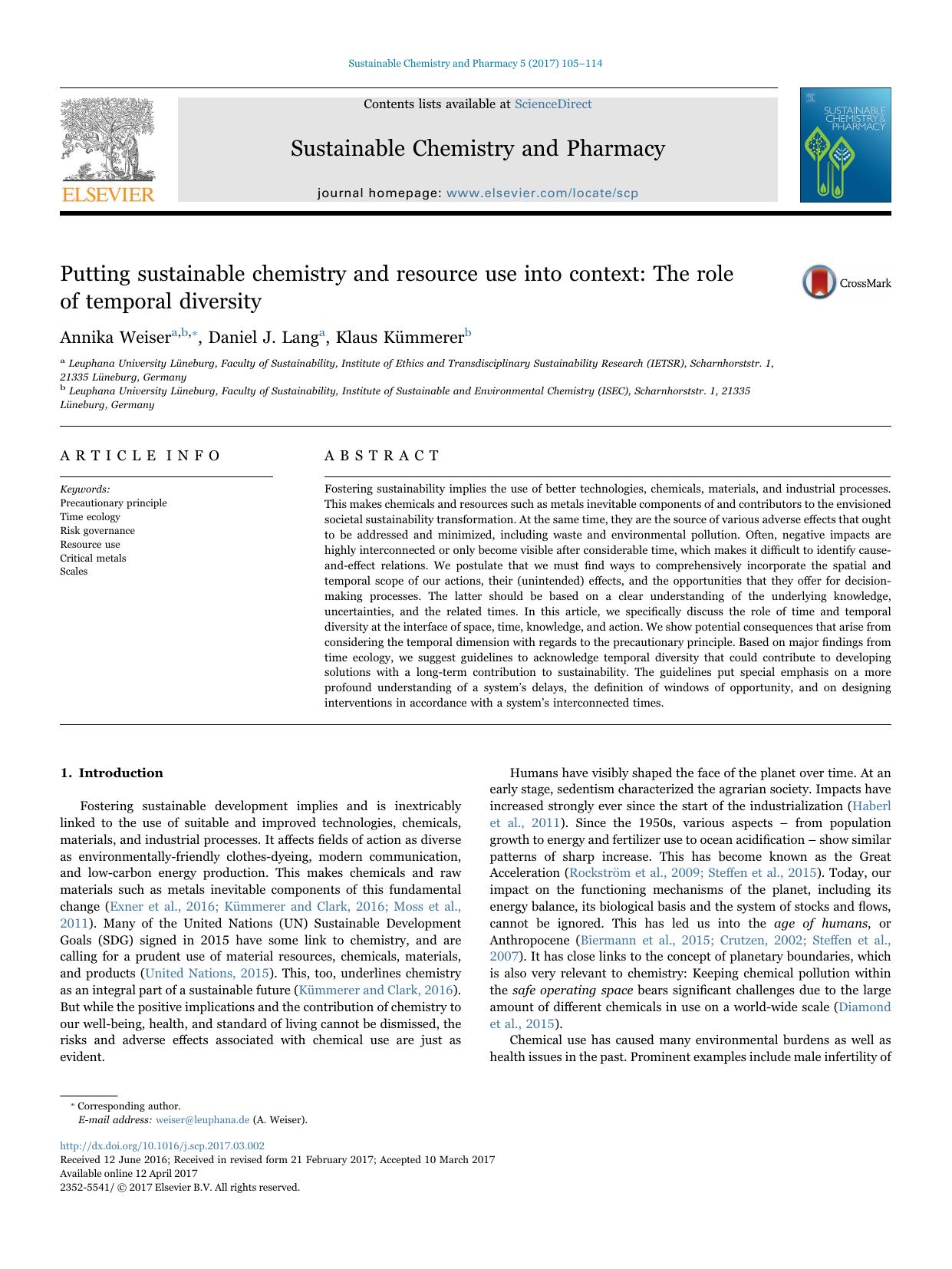 Putting sustainable chemistry and resource use into context_ The role of temporal diversity by Annika Weiser & Daniel J. Lang & Klaus Kümmerer