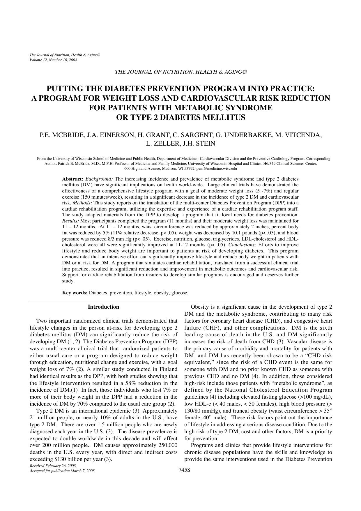 Putting the diabetes prevention program into practice: A program for weight loss and cardiovascular risk reduction for patients with metabolic syndrome or type 2 diabetes mellitus by Unknown
