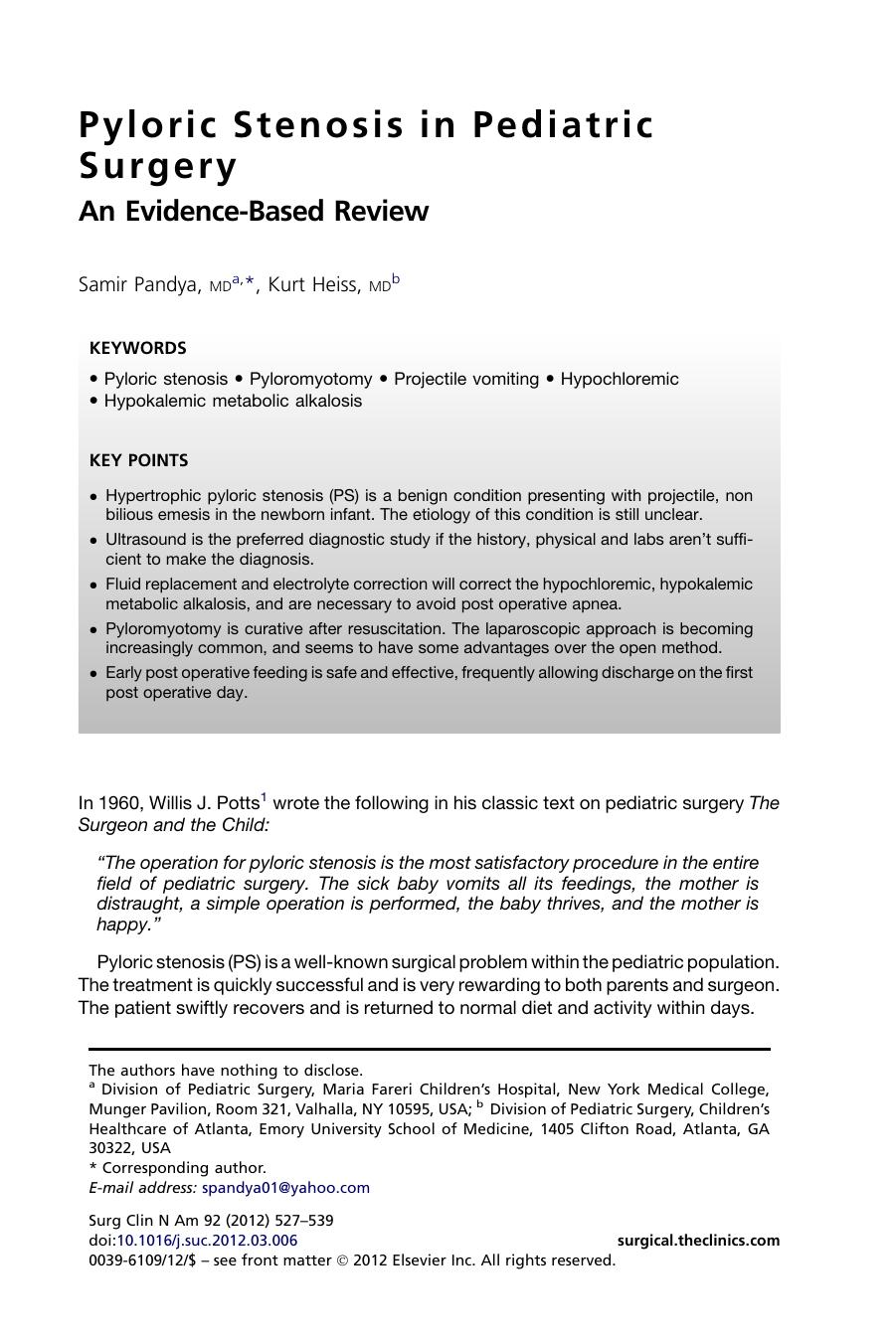 Pyloric Stenosis in Pediatric Surgery by Samir Pandya MD & Kurt Heiss MD