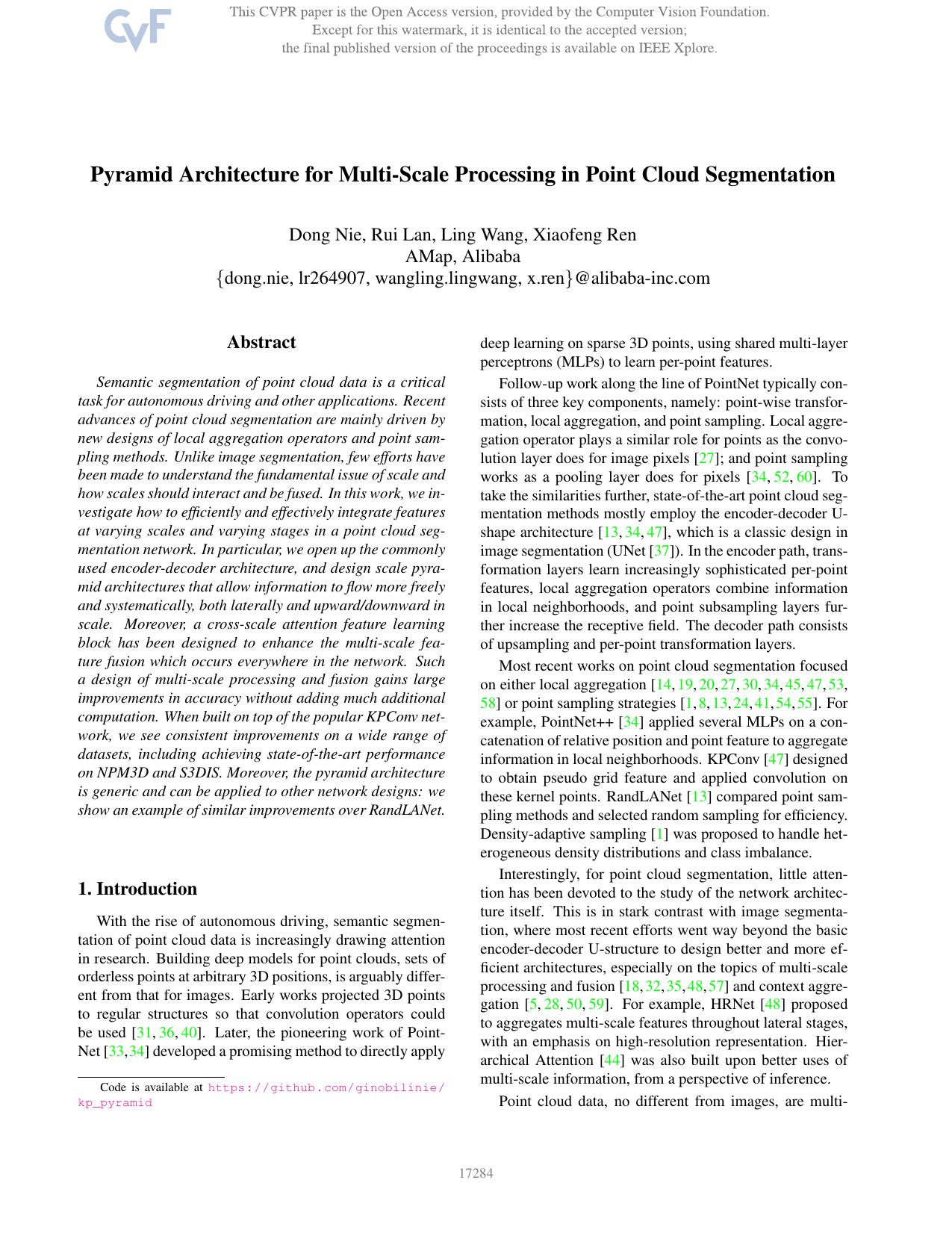 Pyramid Architecture for Multi-Scale Processing in Point Cloud Segmentation by Dong Nie & Rui Lan & Ling Wang & Xiaofeng Ren