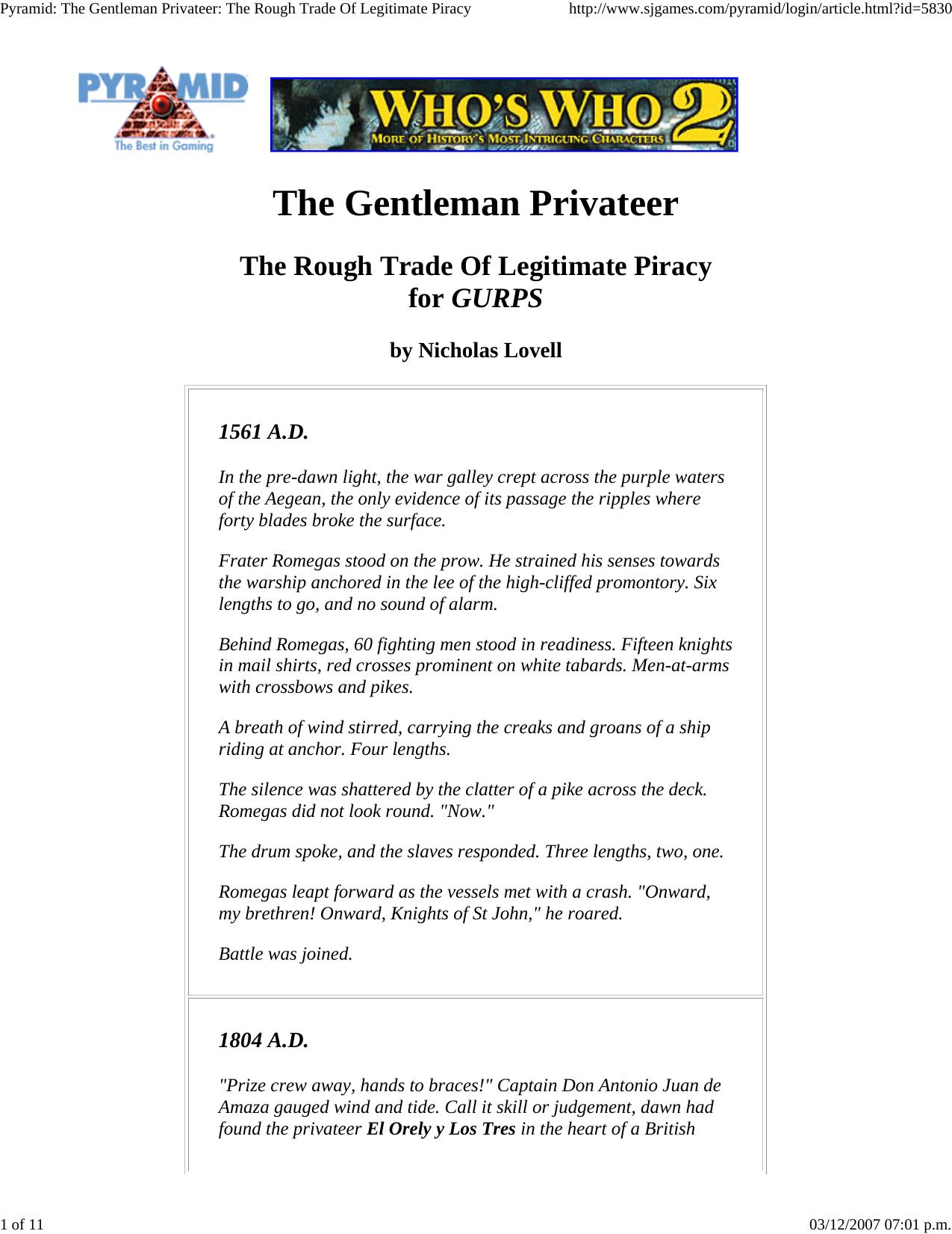 Pyramid: The Gentleman Privateer: The Rough Trade Of Legitima... by the gentleman privateer the rough trade of legitimate piracy (for gurps 4th)