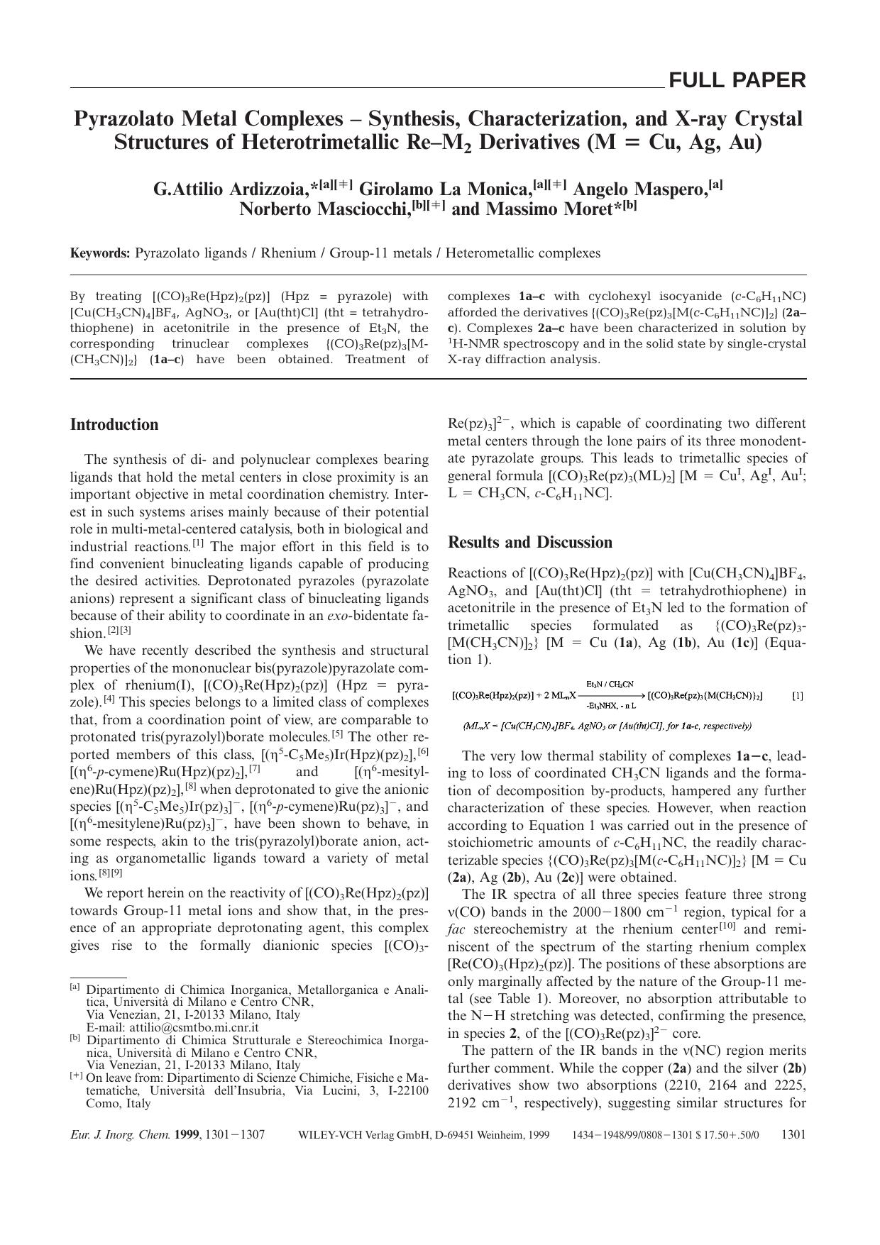 Pyrazolato Metal Complexes - Synthesis, Characterization, and X-ray Crystal Structures of Heterotrimetallic Re-M2 Derivatives (M [equals] Cu, Ag, Au) by Unknown