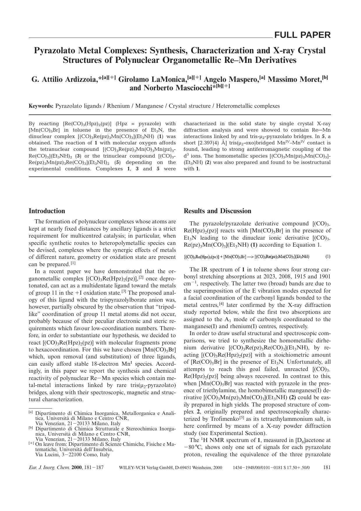Pyrazolato Metal Complexes: Synthesis, Characterization and X-ray Crystal Structures of Polynuclear Organometallic Re-Mn Derivatives by Unknown