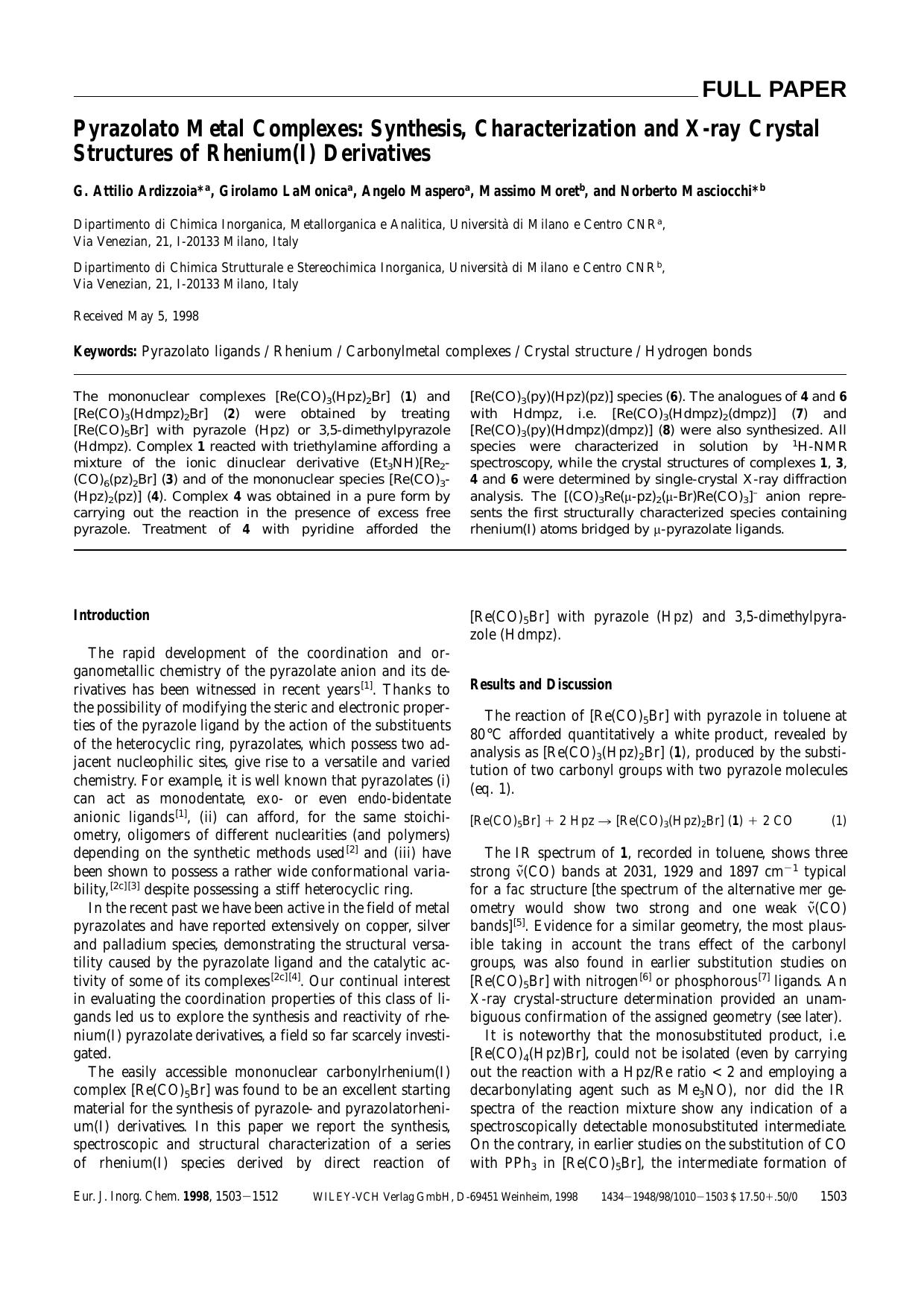 Pyrazolato Metal Complexes: Synthesis, Characterization and X-ray Crystal Structures of Rhenium(I) Derivatives by Unknown