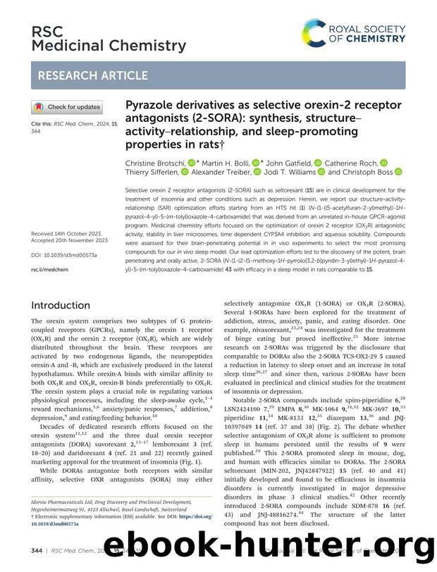 Pyrazole derivatives as selective orexin-2 receptor antagonists (2-SORA): synthesis, structureâactivityârelationship, and sleep-promoting properties in rats by unknow