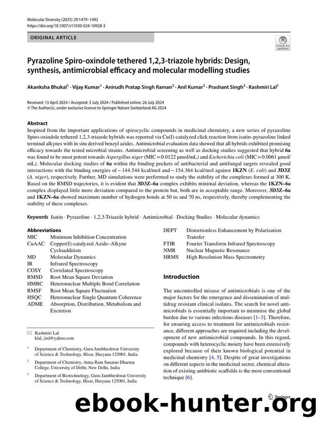 Pyrazoline Spiro-oxindole tethered 1,2,3-triazole hybrids: Design, synthesis, antimicrobial efficacy and molecular modelling studies by unknow