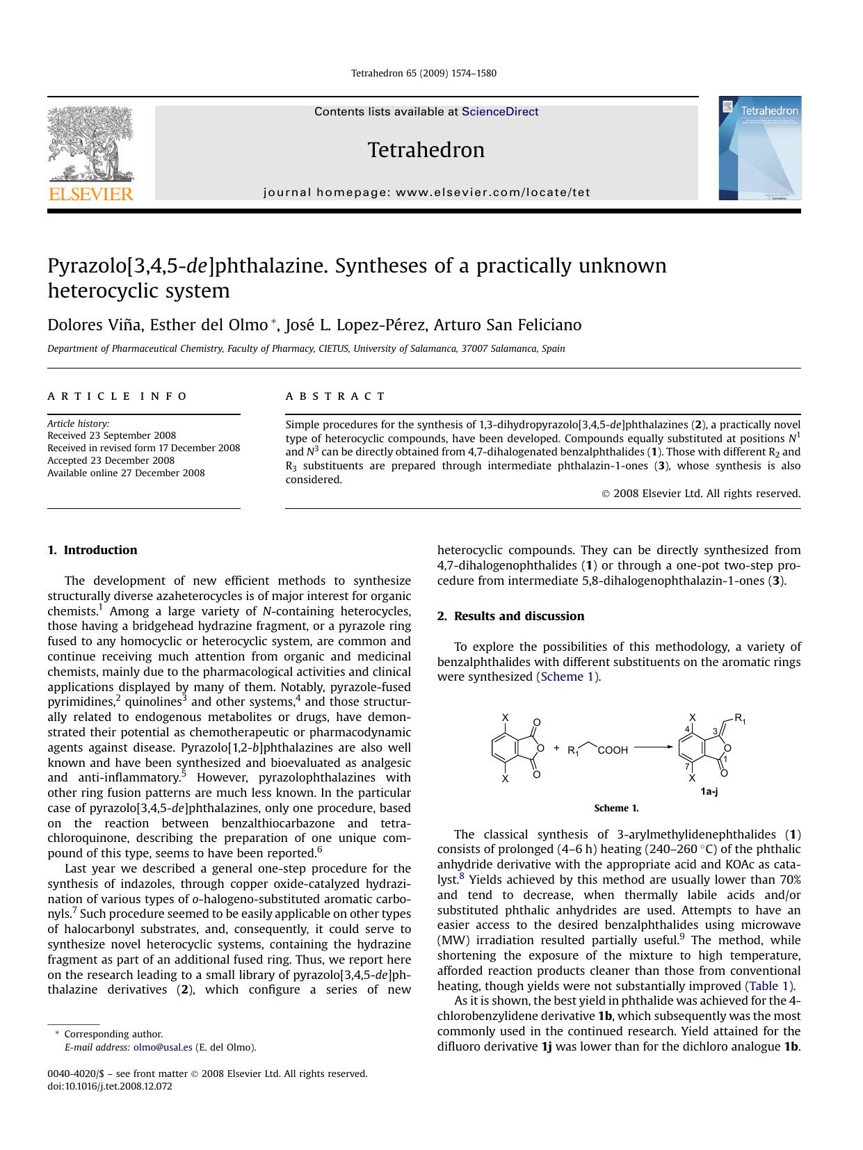 Pyrazolo[3,4,5-de]phthalazine. Syntheses of a practically unknown heterocyclic system by Dolores ViNa; Esther del Olmo; JosE L. Lopez-PErez; Arturo San Feliciano