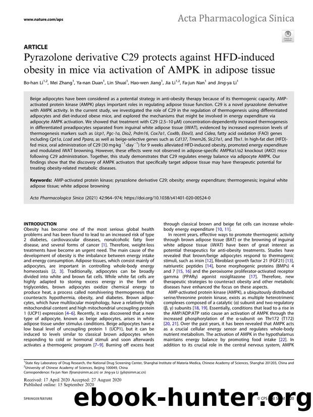 Pyrazolone derivative C29 protects against HFD-induced obesity in mice via activation of AMPK in adipose tissue by Bo-han Li & Mei Zhang & Ya-nan Duan & Lin Shuai & Hao-wen Jiang & Jia Li & Fa-jun Nan & Jing-ya Li