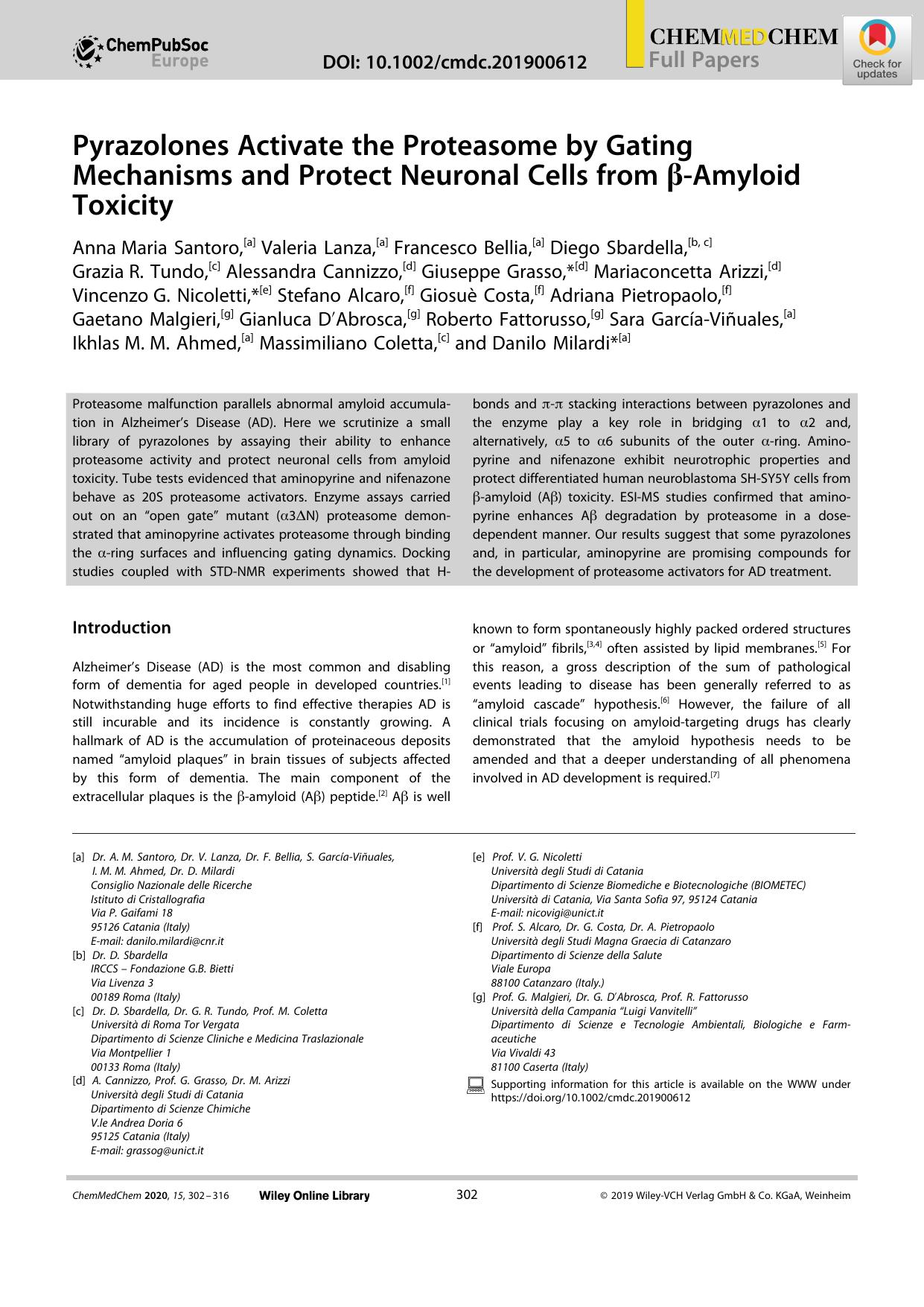 Pyrazolones Activate the Proteasome by Gating Mechanisms and Protect Neuronal Cells from Î²âAmyloid Toxicity by Unknown
