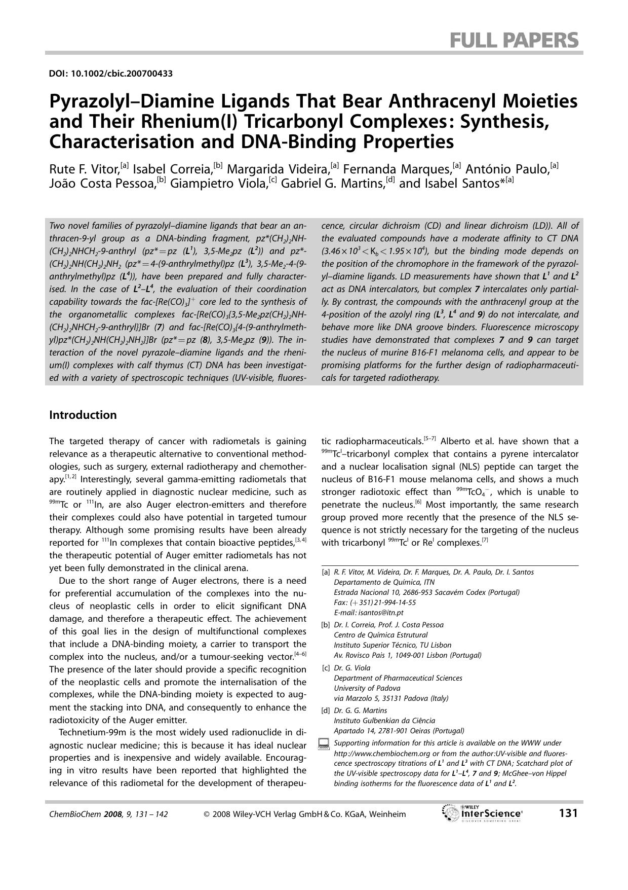 Pyrazolyl-Diamine Ligands That Bear Anthracenyl Moieties and Their Rhenium(I) Tricarbonyl Complexes: Synthesis, Characterisation and DNA-Binding Properties by Unknown