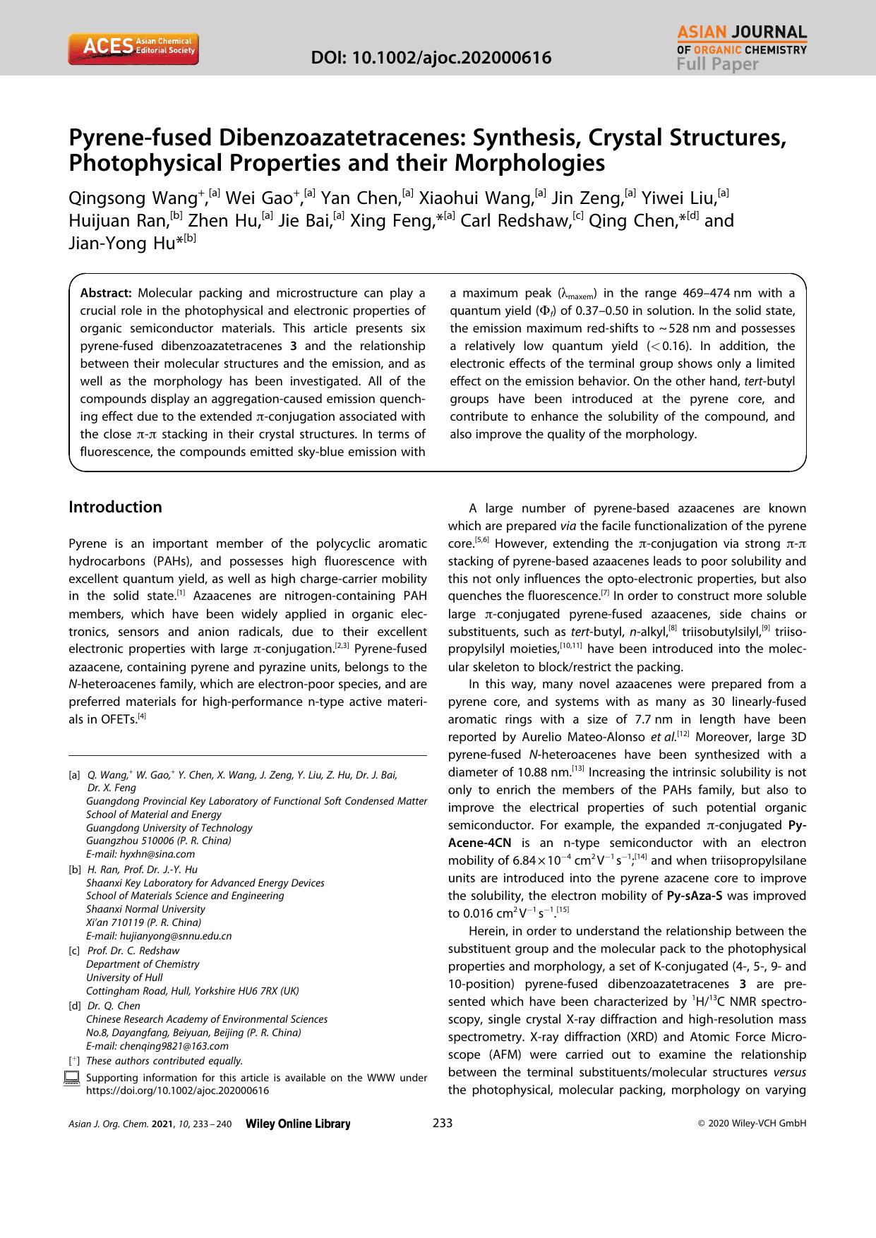 Pyreneâfused Dibenzoazatetracenes: Synthesis, Crystal Structures, Photophysical Properties and their Morphologies by Unknown