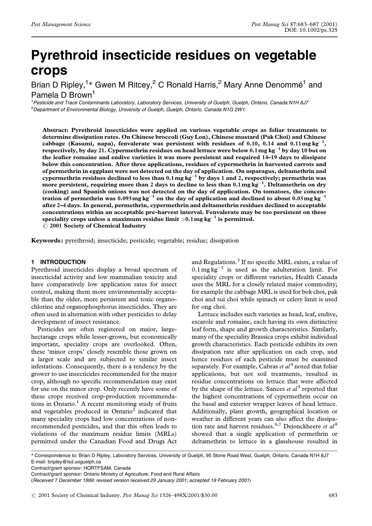 Pyrethroid insecticide residues on vegetable crops by Unknown