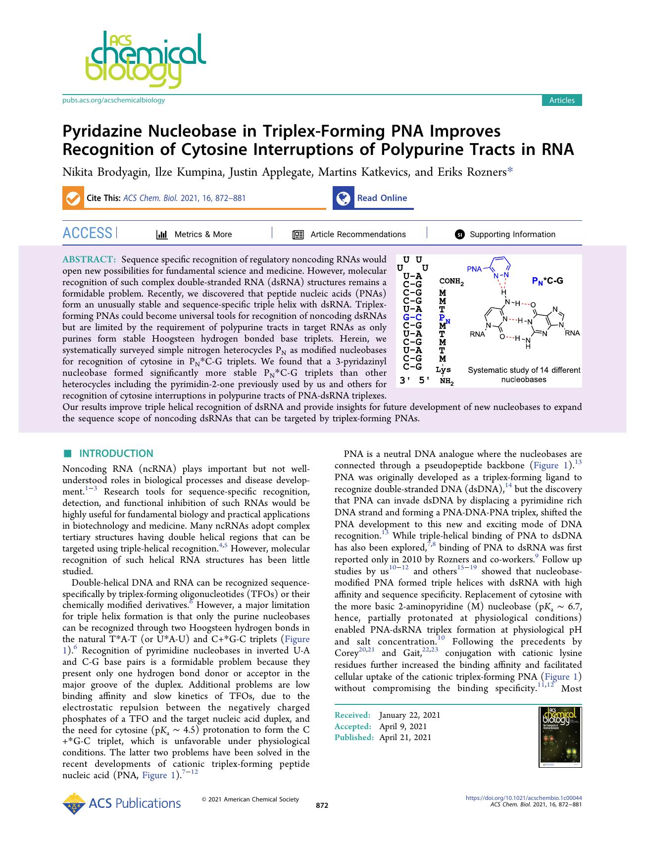 Pyridazine Nucleobase in Triplex-Forming PNA Improves Recognition of Cytosine Interruptions of Polypurine Tracts in RNA by Nikita Brodyagin Ilze Kumpina Justin Applegate Martins Katkevics and Eriks Rozners