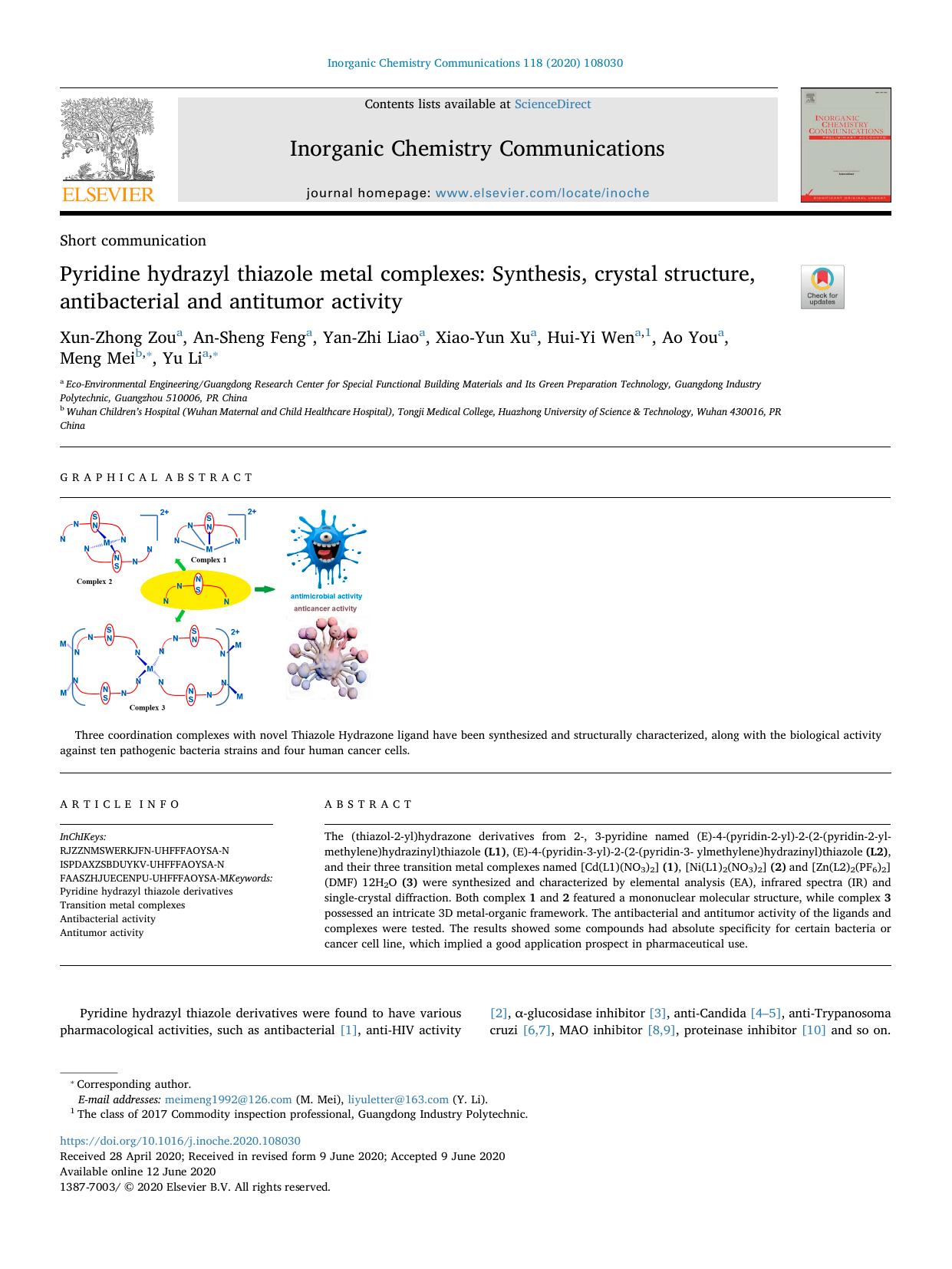 Pyridine hydrazyl thiazole metal complexes_ Synthesis, crystal structure, antibacterial and antitumor activity by Xun-Zhong Zou & An-Sheng Feng & Yan-Zhi Liao & Xiao-Yun Xu & Hui-Yi Wen & Ao You & Meng Mei & Yu Li