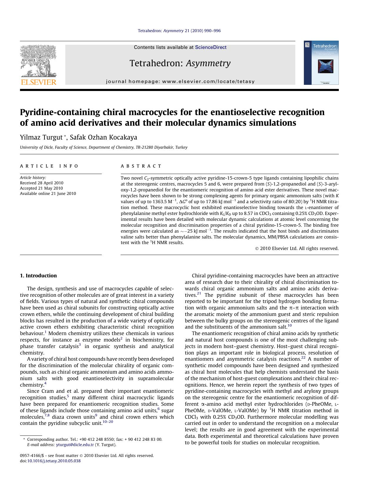 Pyridine-containing chiral macrocycles for the enantioselective recognition of amino acid derivatives and their molecular dynamics simulations by Yilmaz Turgut & Safak Ozhan Kocakaya