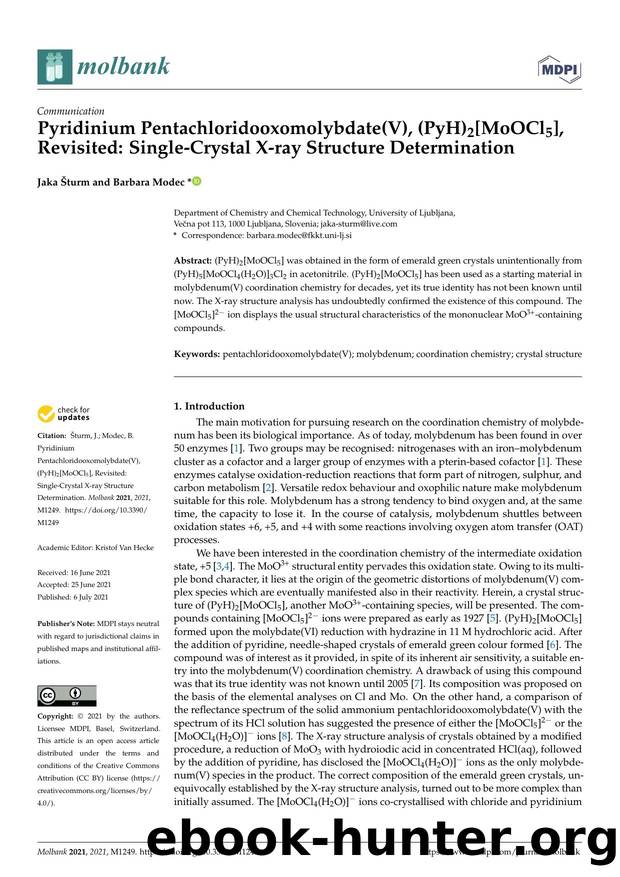 Pyridinium Pentachloridooxomolybdate(V), (PyH)2[MoOCl5], Revisited: Single-Crystal X-ray Structure Determination by Jaka Šturm & Barbara Modec