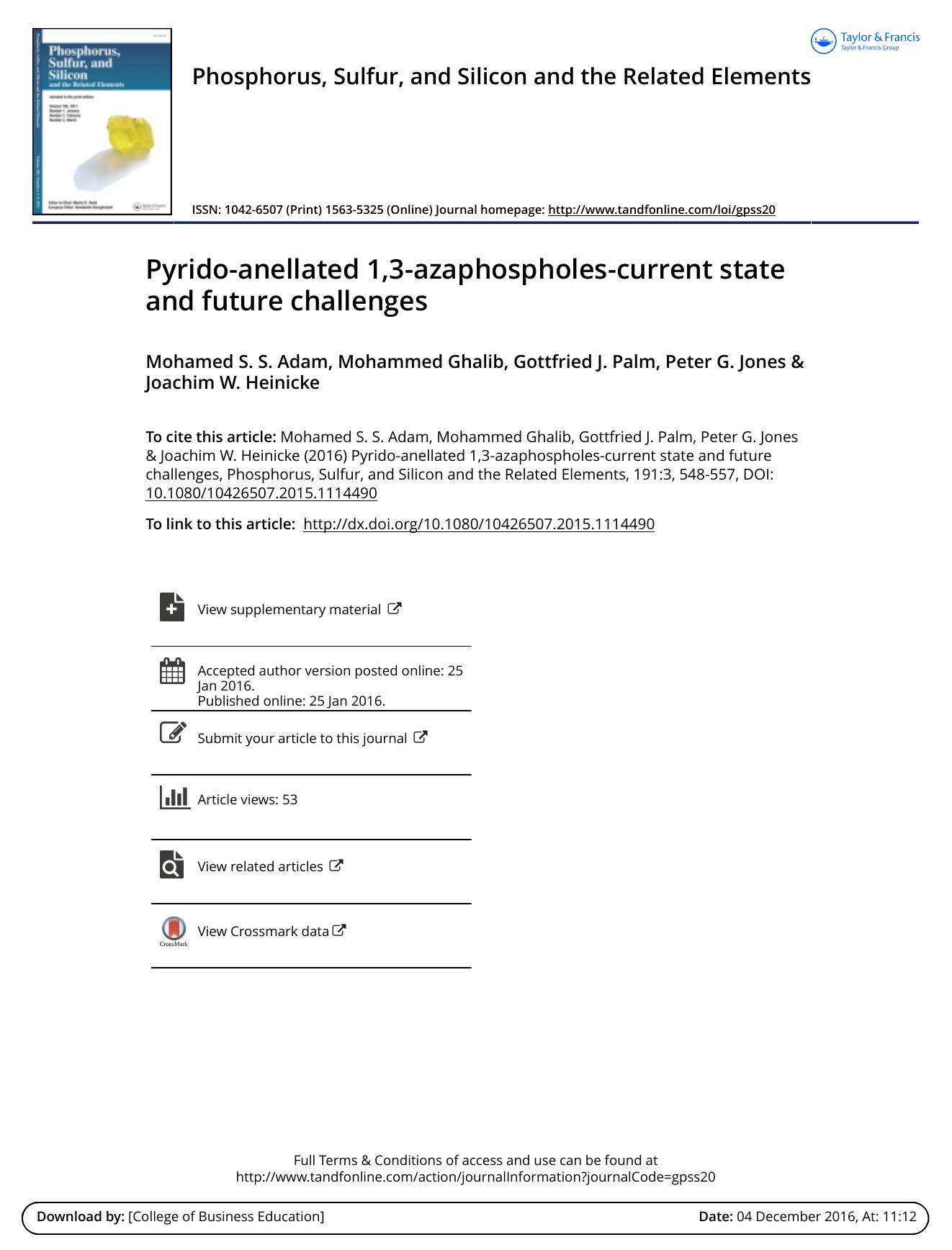 Pyrido-anellated 1,3-azaphospholes-current state and future challenges by Mohamed S. S. Adam & Mohammed Ghalib & Gottfried J. Palm & Peter G. Jones & Joachim W. Heinicke