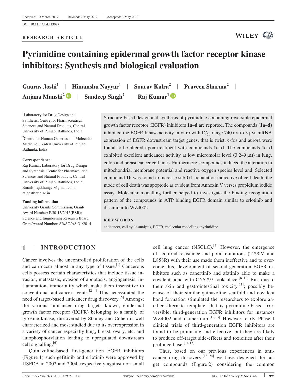 Pyrimidine containing epidermal growth factor receptor kinase inhibitors: Synthesis and biological evaluation by unknow
