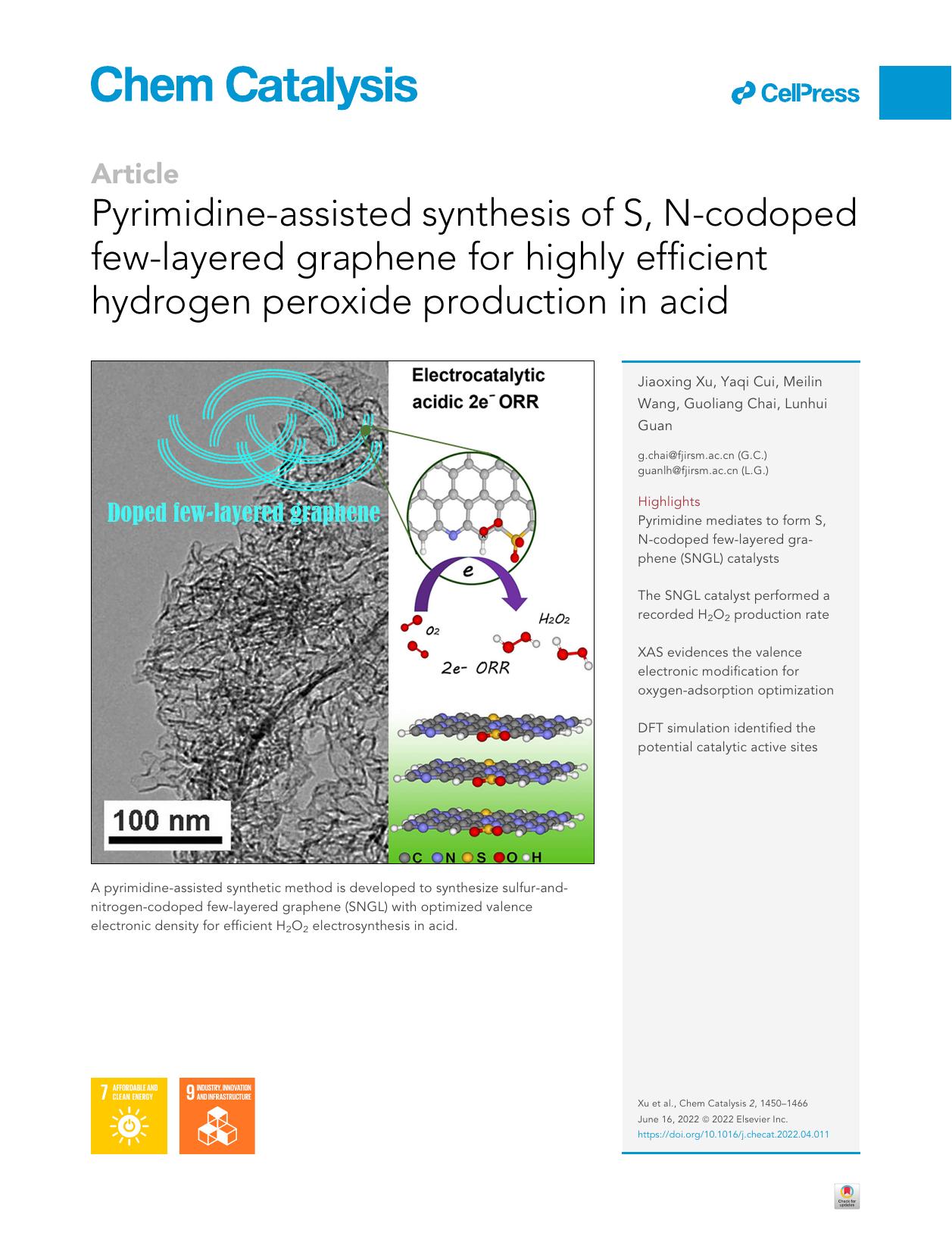 Pyrimidine-assisted synthesis of S, N-codoped few-layered graphene for highly efficient hydrogen peroxide production in acid by Jiaoxing Xu & Yaqi Cui & Meilin Wang & Guoliang Chai & Lunhui Guan