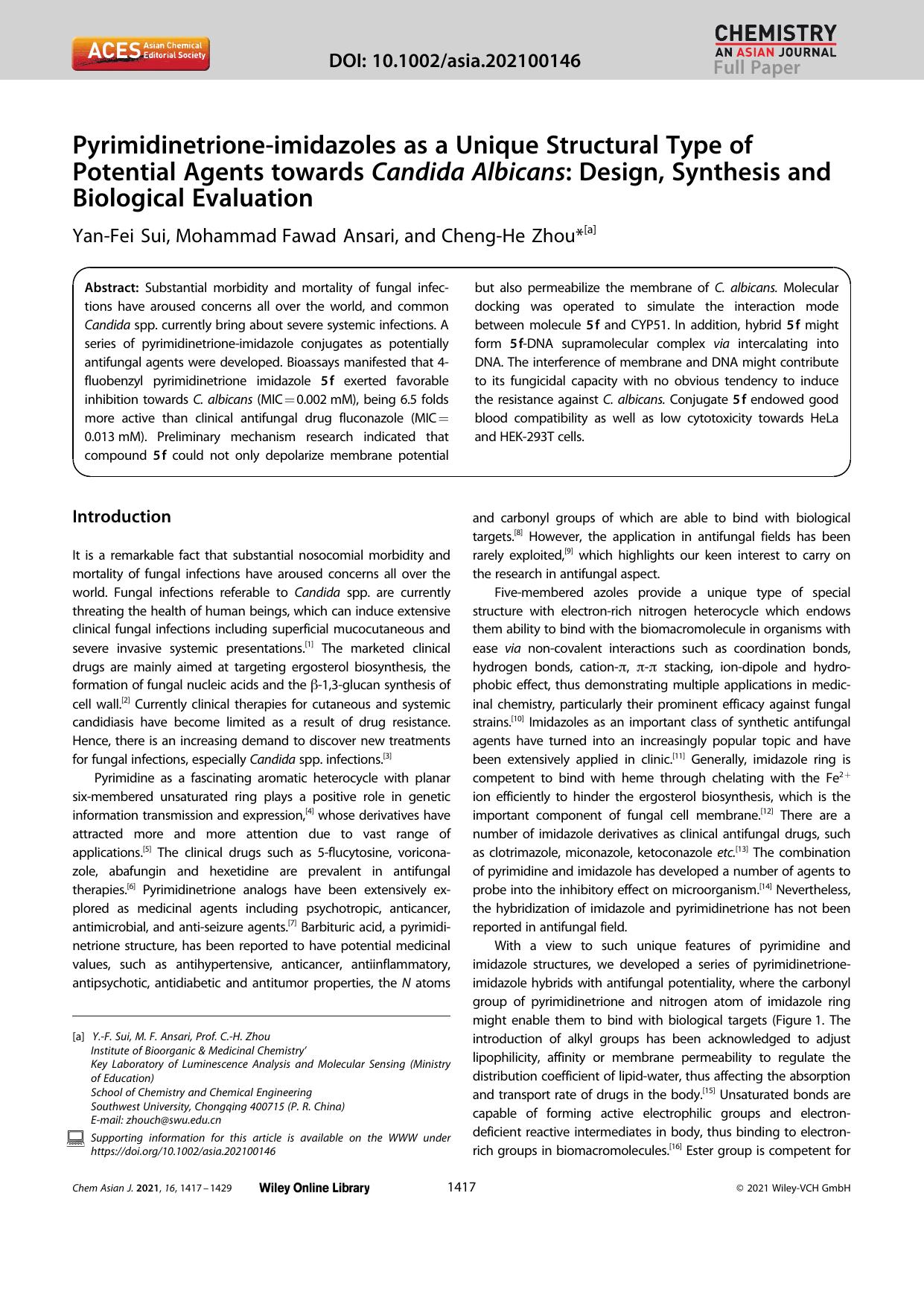 Pyrimidinetrioneâimidazoles as a Unique Structural Type of Potential Agents towards Candida Albicans: Design, Synthesis and Biological Evaluation by Unknown