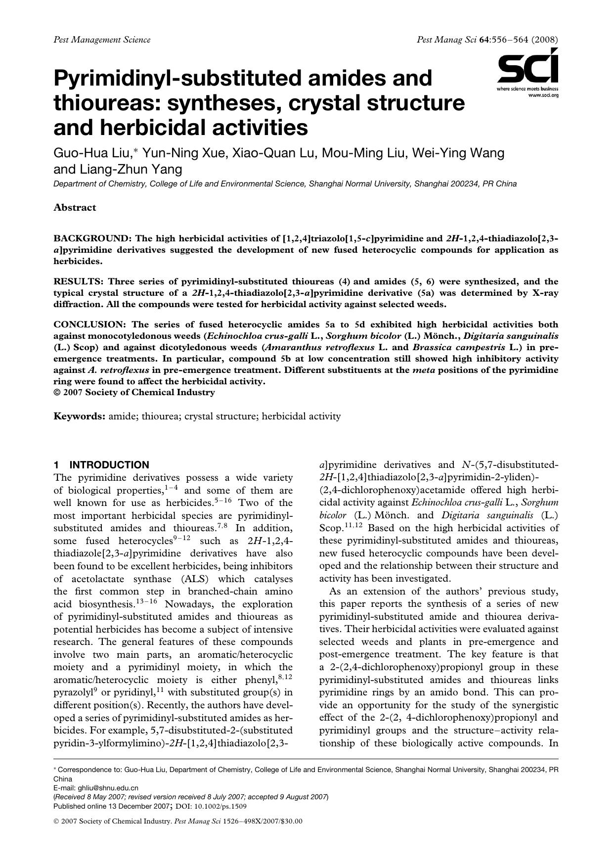 Pyrimidinyl-substituted amides and thioureas: syntheses, crystal structure and herbicidal activities by Unknown