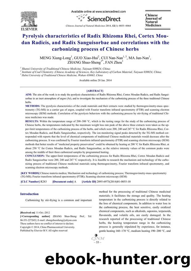 Pyrolysis characteristics of Radix Rhizoma Rhei, Cortex Moudan Radicis, and Radix Sanguisorbae and correlations with the carbonizing process of Chinese herbs by Xiang-Long MENG & Xiao-Hui GUO & Nan-Nan CUI & Jun-Nan MA & Shuo-Sheng ZHANG & Zhou FAN