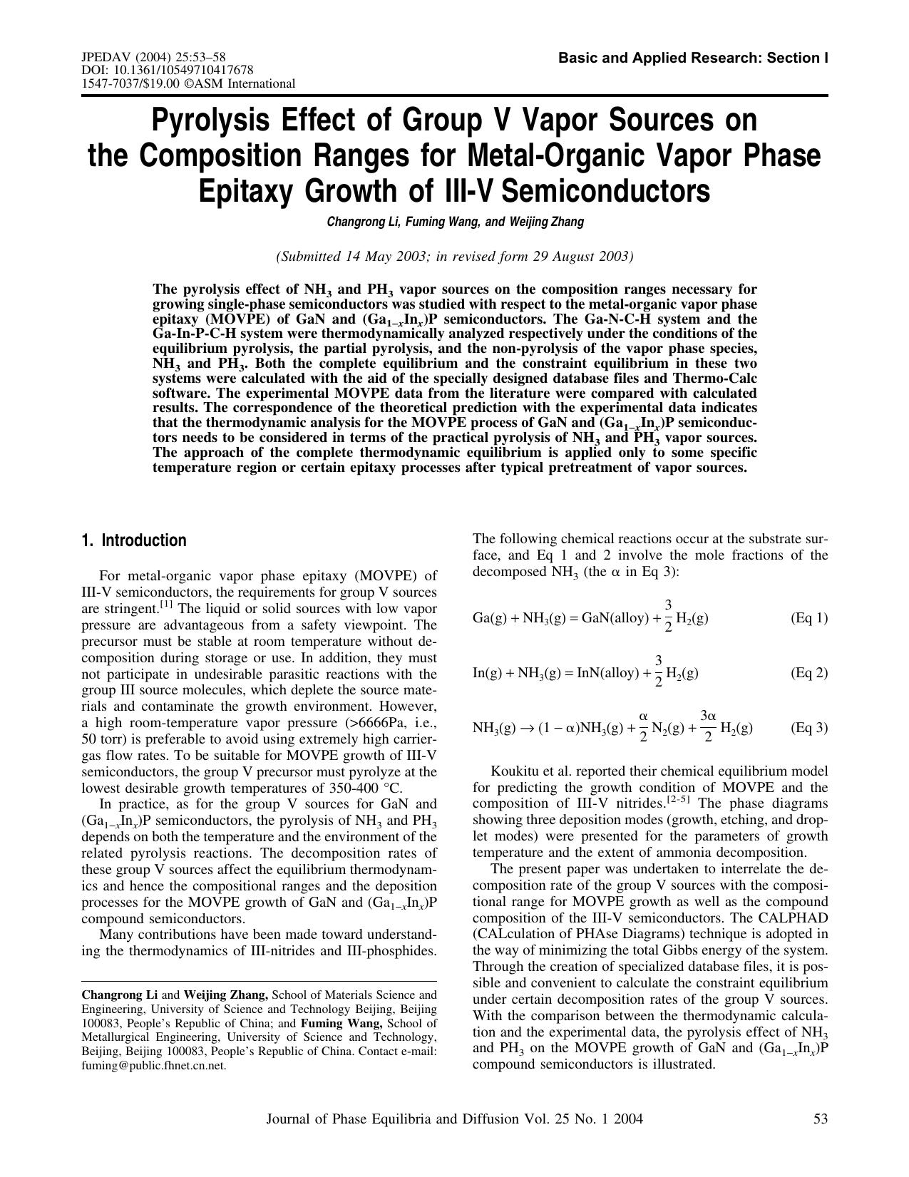 Pyrolysis effect of group V vapor sources on the composition ranges for metal-organic vapor phase epitaxy growth of III-V semiconductors by Unknown