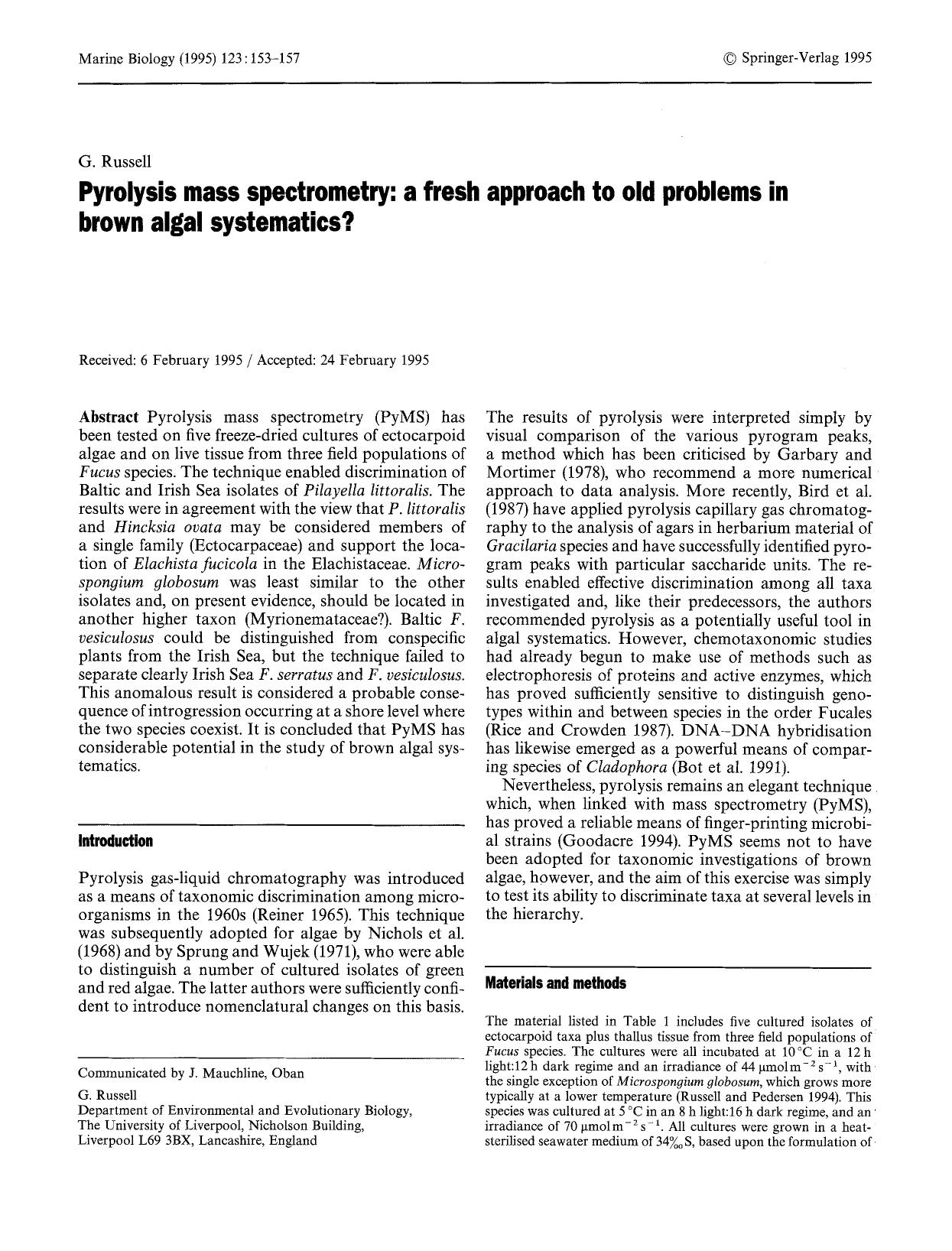 Pyrolysis mass spectrometry: a fresh approach to old problems in brown algal systematics? by Unknown