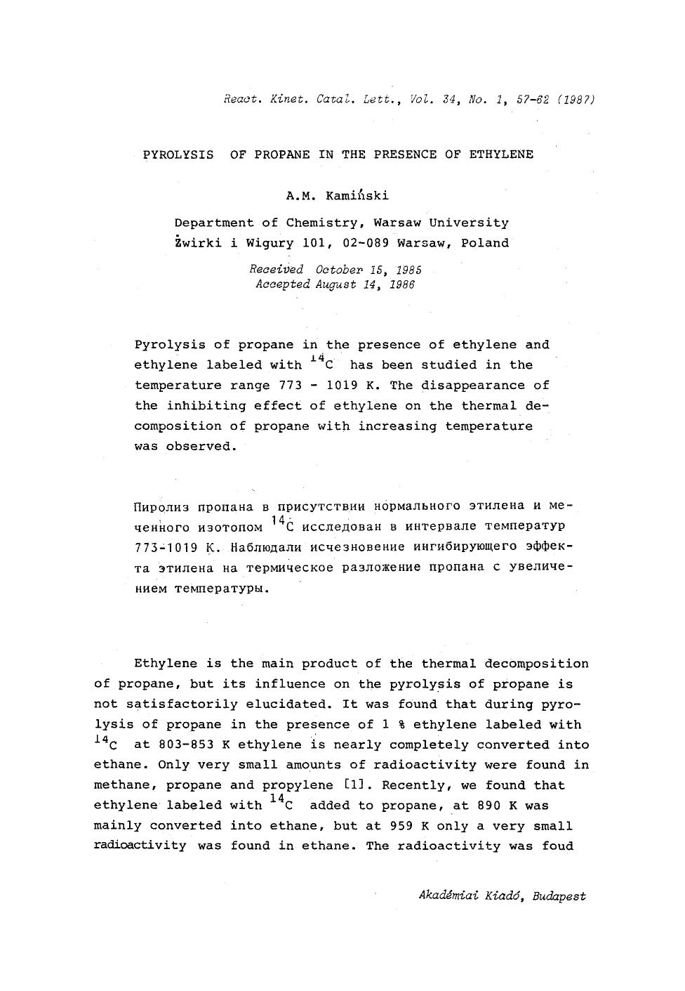 Pyrolysis of propane in the presence of ethylene by Unknown