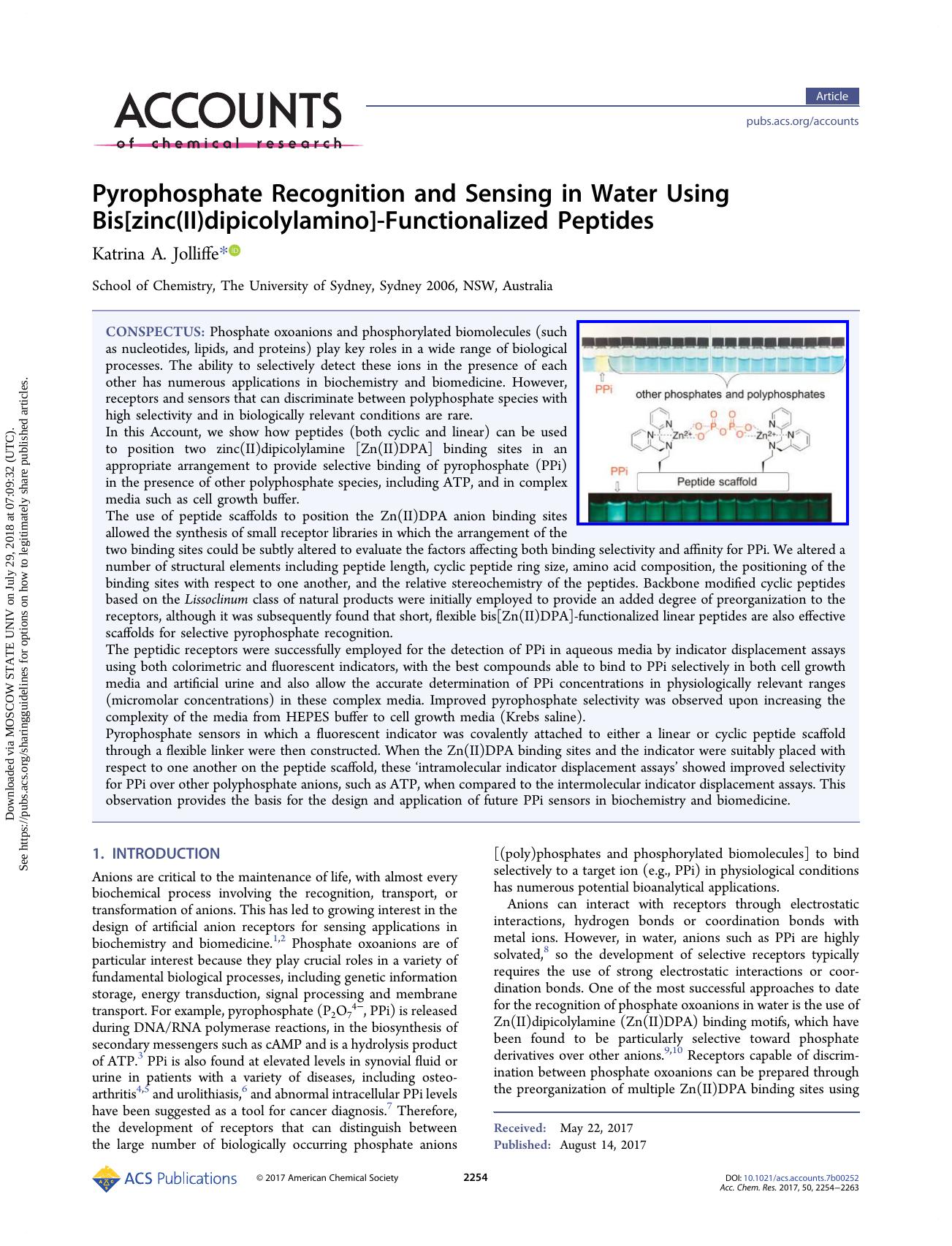 Pyrophosphate Recognition and Sensing in Water Using Bis[zinc(II)dipicolylamino]-Functionalized Peptides by Katrina A. Jolliffe