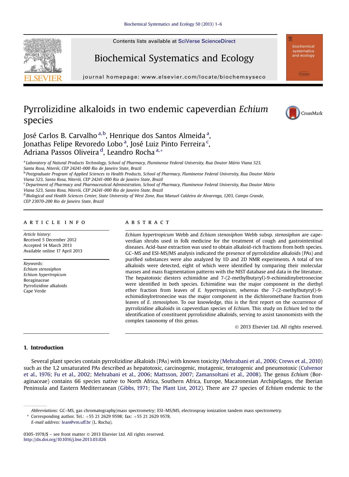 Pyrrolizidine alkaloids in two endemic capeverdian Echium species by unknow