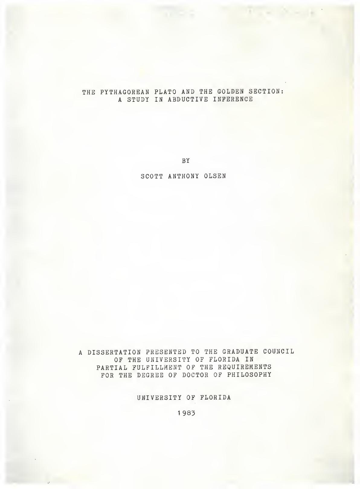Pythagorean Plato and the Golden Section Sacred Geometry (dissertation) by Olsen Scott Anthony