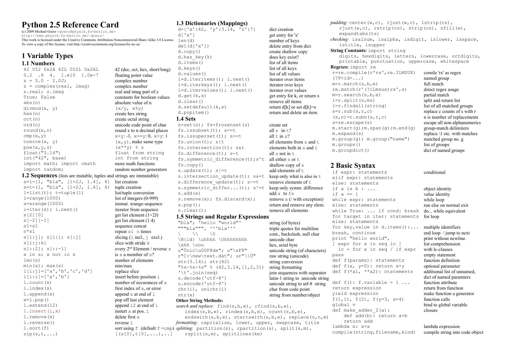 Python 2.5 Reference Card by Michael Goerz