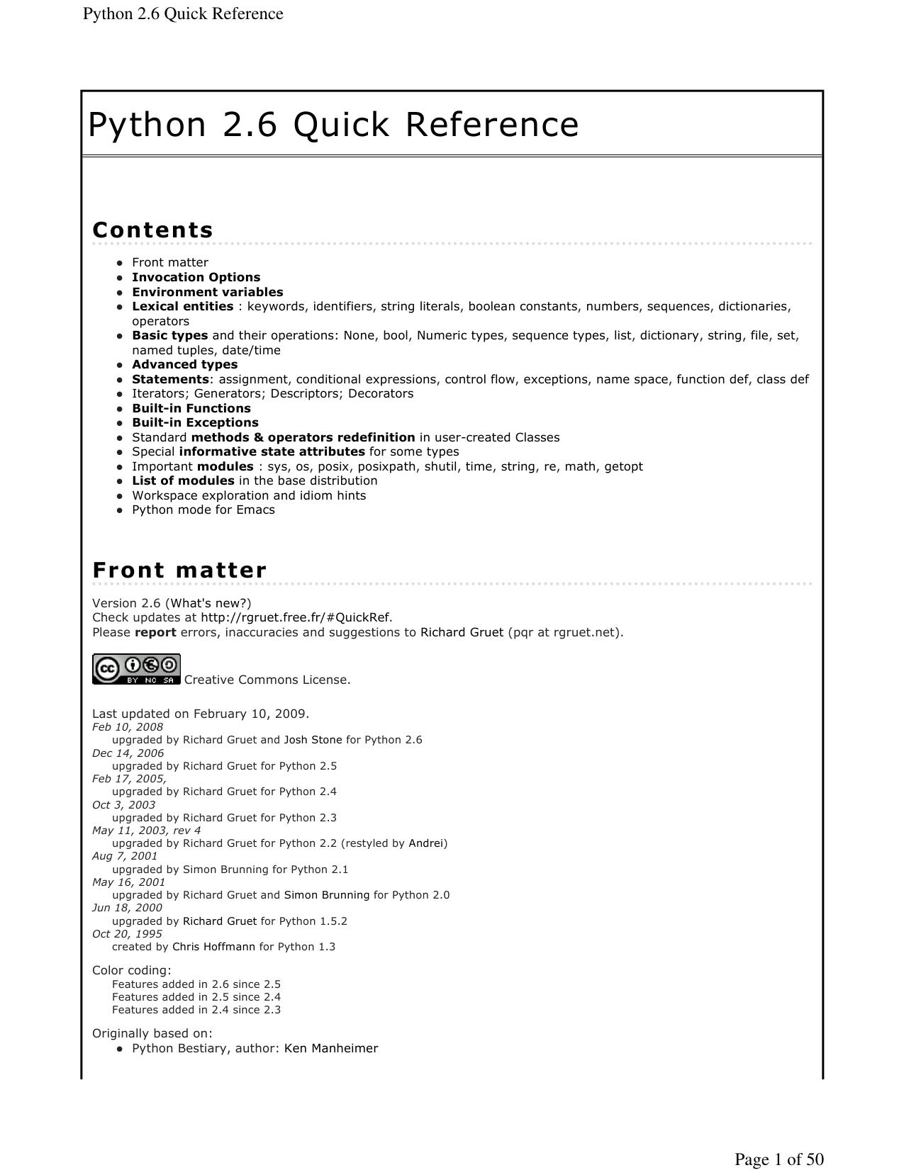 Python 2.6 Quick Reference by Richard Gruet