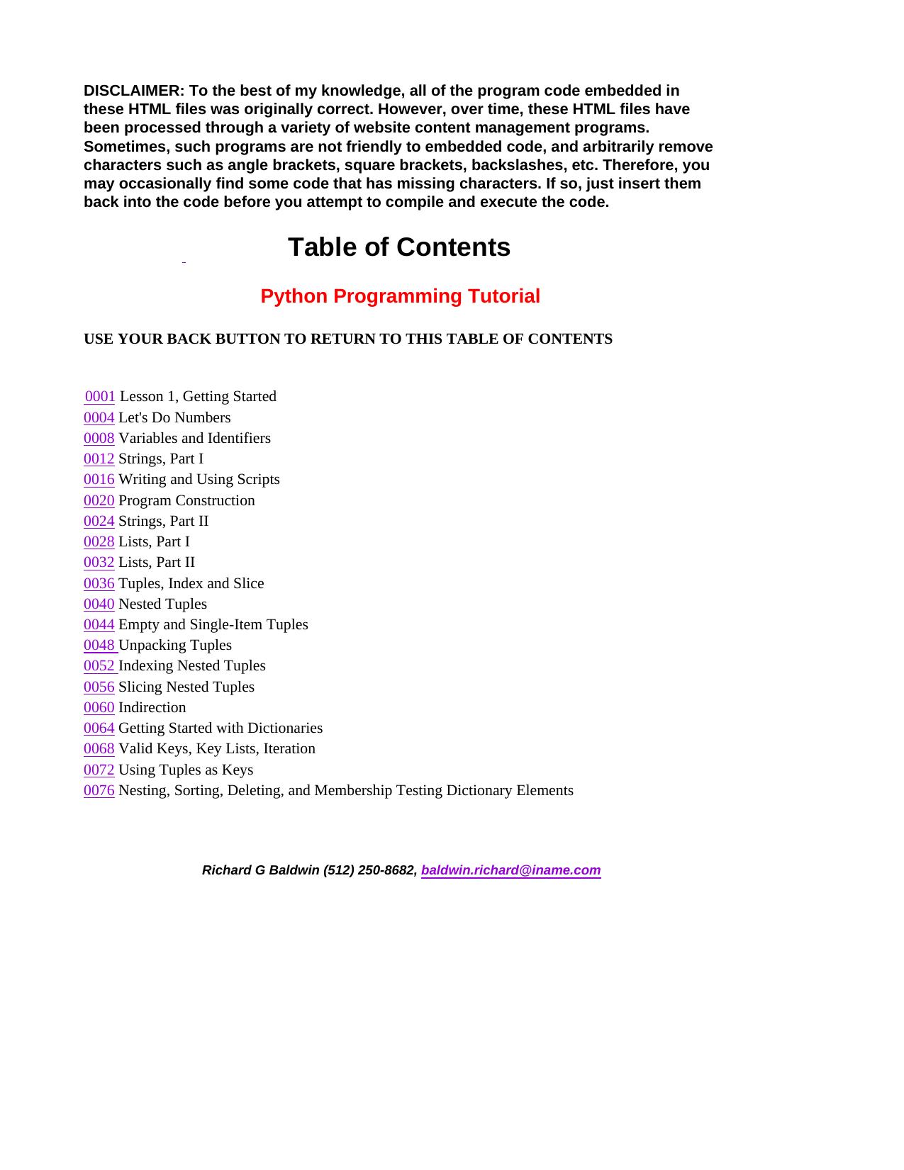 Python Programming Tutorial, by Richard G Baldwin by Unknown