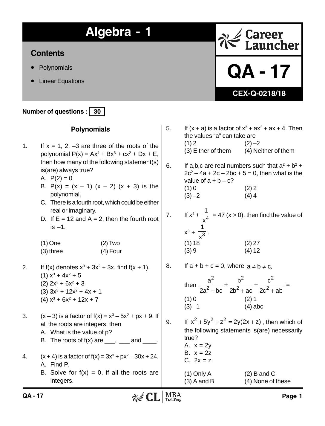 QA-17 Algebra 1 with Solutions by pdf