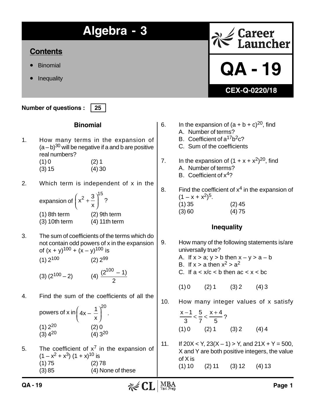 QA-19 Algebra 3 with Solutions by pdf