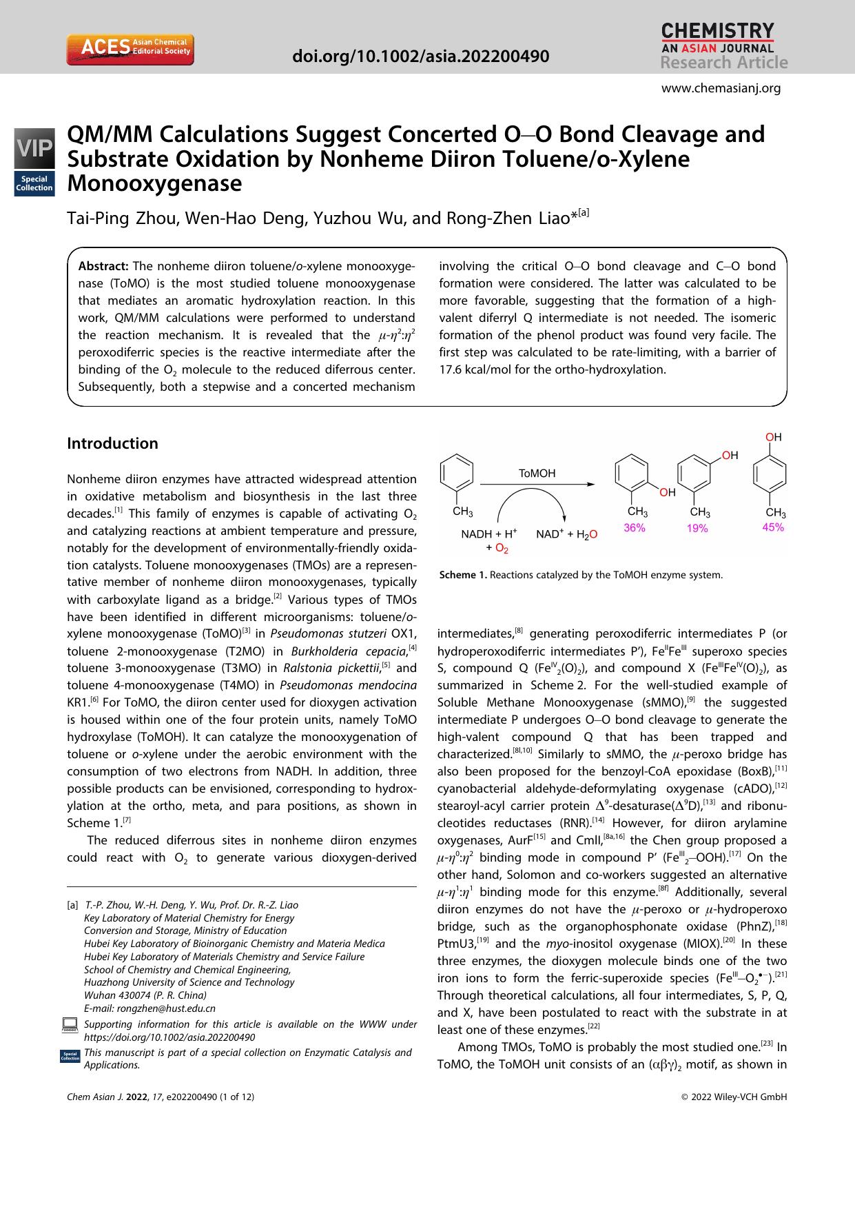 QMMM Calculations Suggest Concerted OâO Bond Cleavage and Substrate Oxidation by Nonheme Diiron TolueneoâXylene Monooxygenase by Unknown
