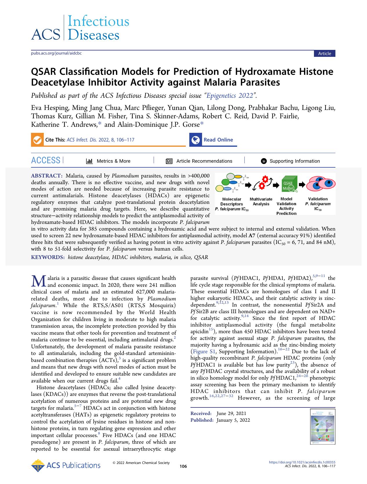 QSAR Classification Models for Prediction of Hydroxamate Histone Deacetylase Inhibitor Activity against Malaria Parasites by unknow